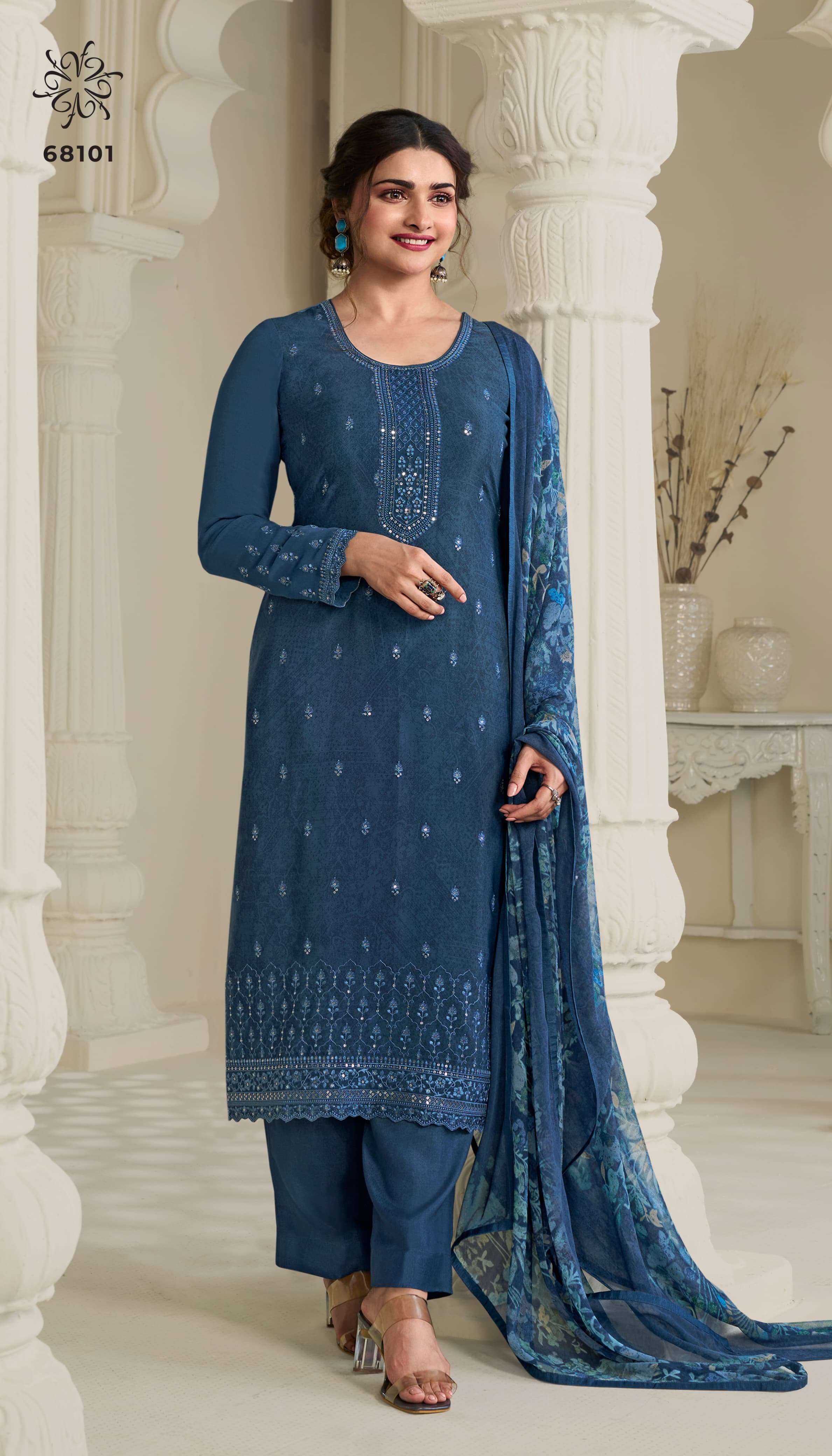 INDIAN DESIGNER FANCY WEDDING PARTY WEAR BLUE CREPE SILK STRAIGHT SALWAR SUIT NVN SILKINA 68101