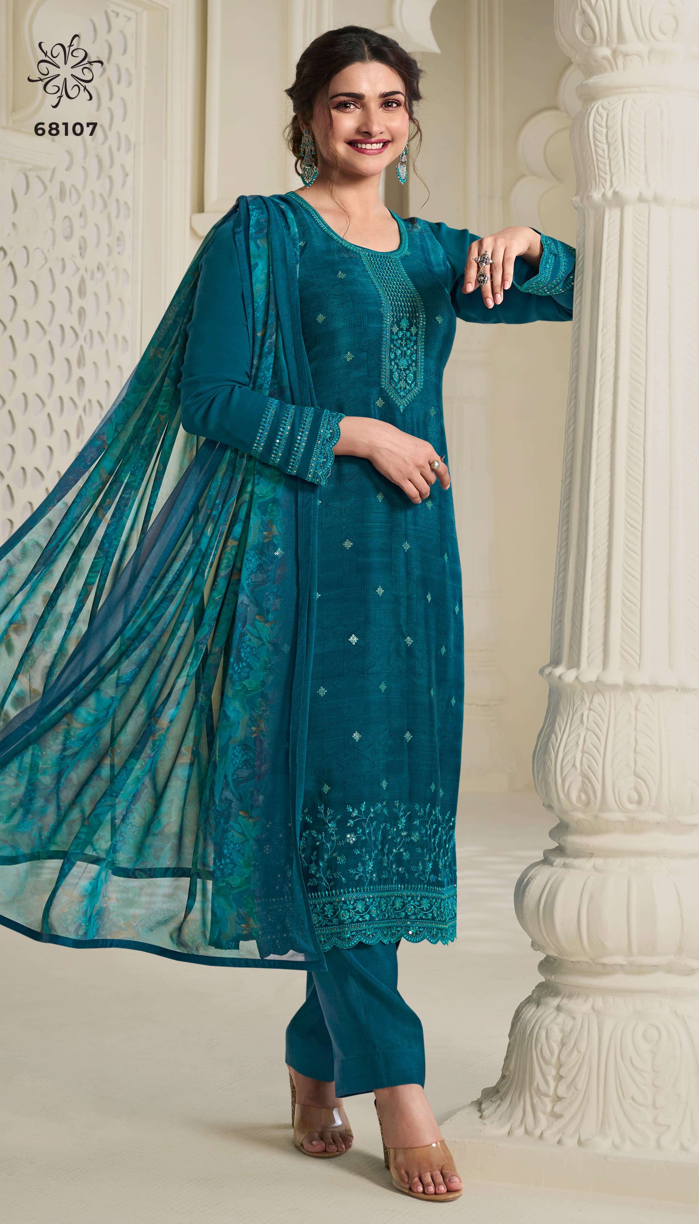 INDIAN DESIGNER FANCY WEDDING PARTY WEAR BLUE CREPE SILK STRAIGHT SALWAR SUIT NVN SILKINA 68107