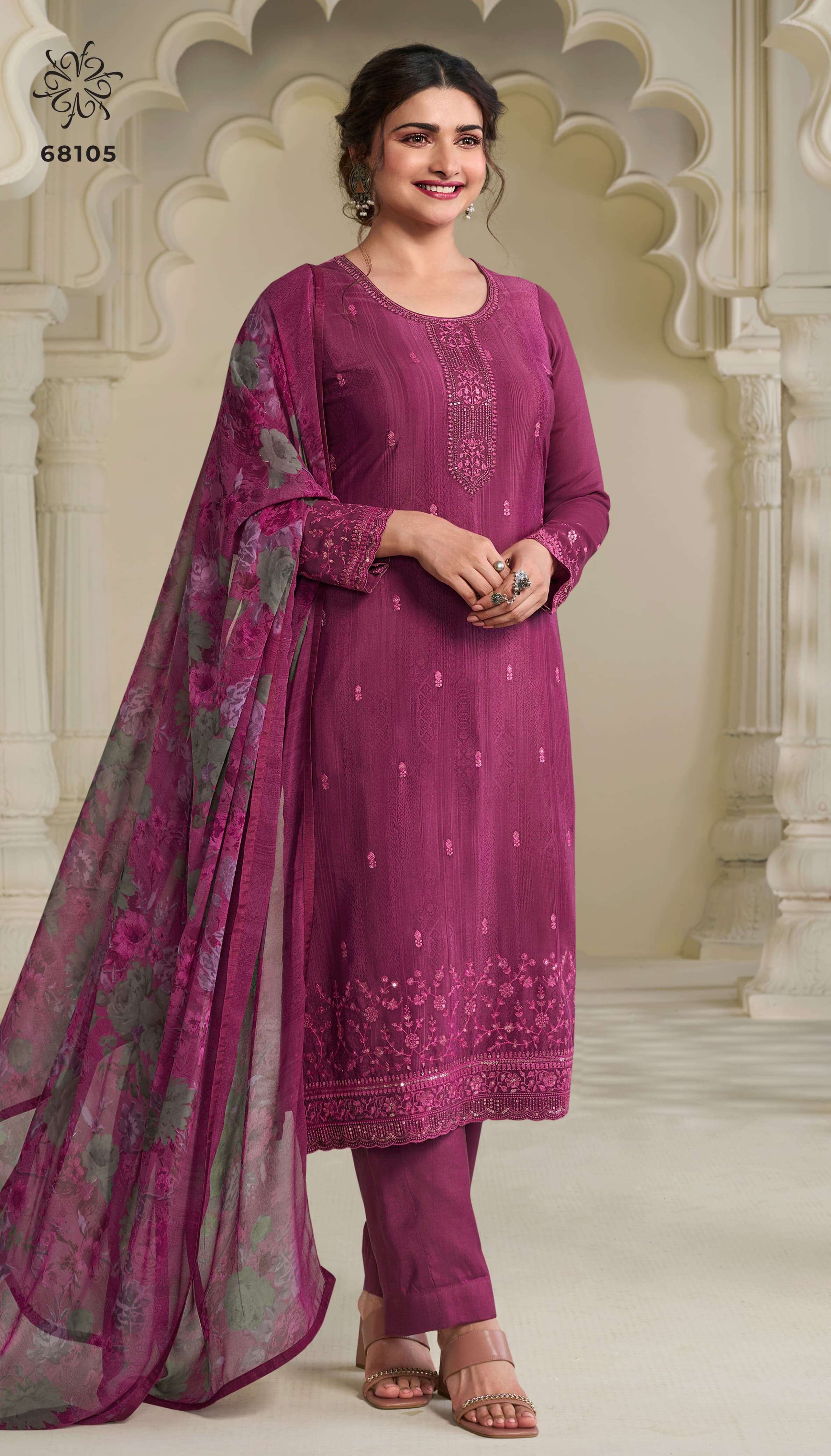 INDIAN DESIGNER FANCY WEDDING PARTY WEAR DEEP PINK CREPE SILK STRAIGHT SALWAR SUIT NVN SILKINA 68105