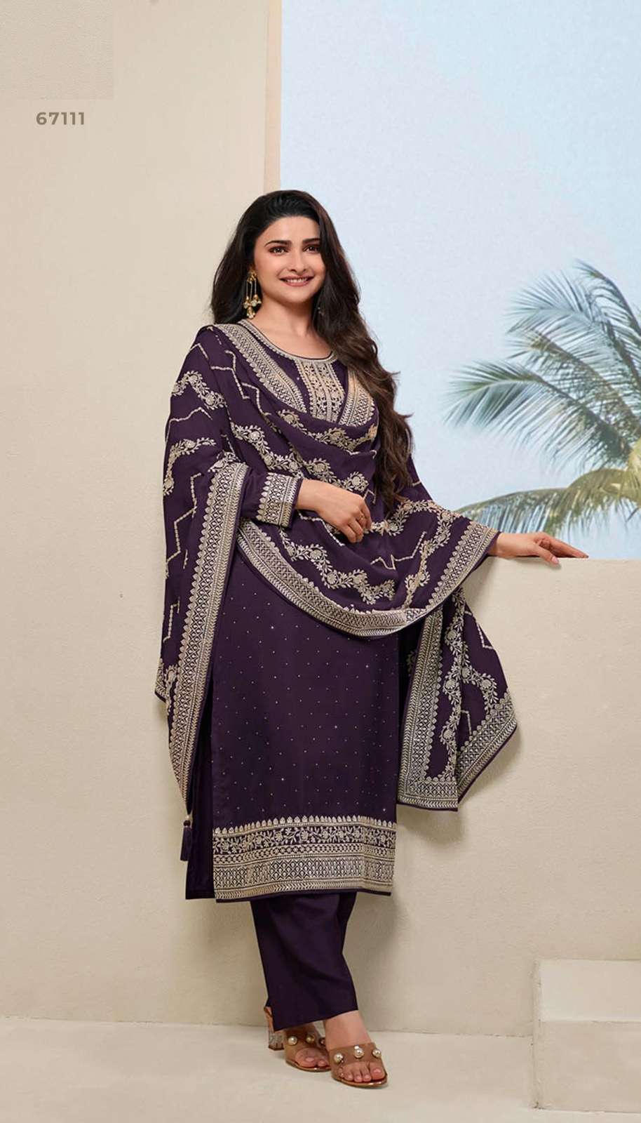 INDIAN DESIGNER FANCY WEDDING PARTY WEAR DOLA SILK PURPLE STRAIGHT SALWAR SUIT NVN VNY PARUL 67111