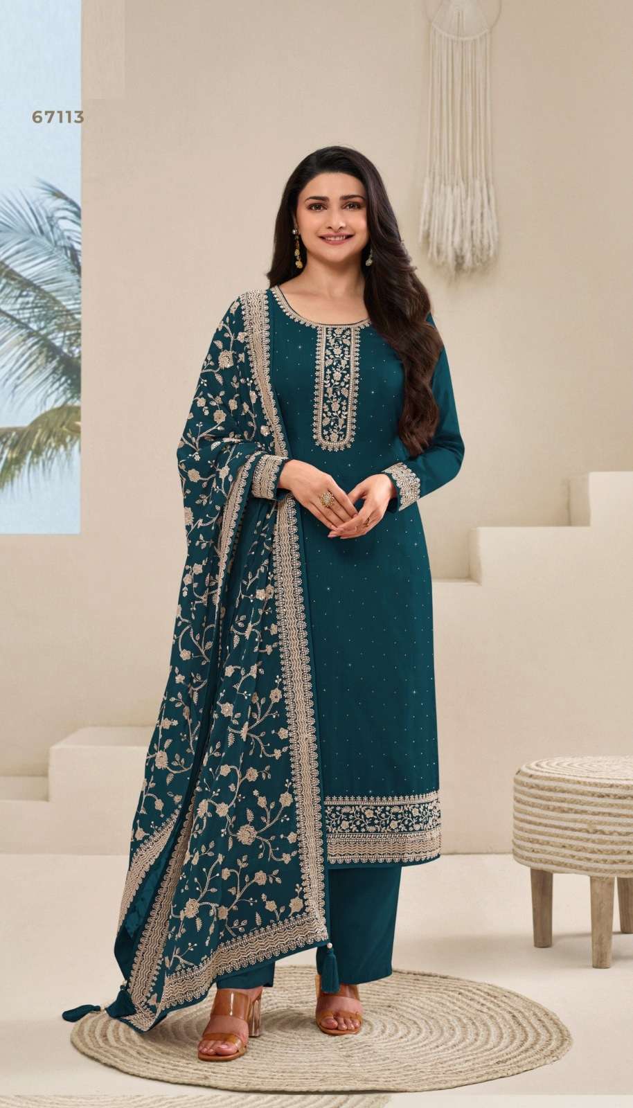 INDIAN DESIGNER FANCY WEDDING PARTY WEAR DOLA SILK BLUE STRAIGHT SALWAR SUIT NVN VNY PARUL 67113