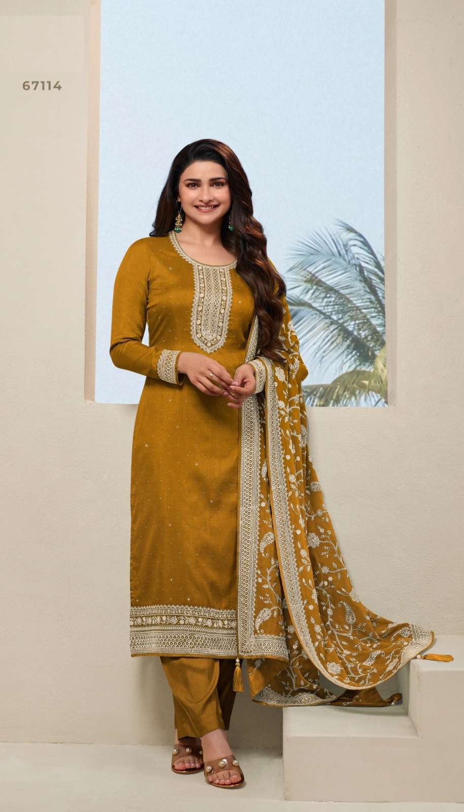 INDIAN DESIGNER FANCY WEDDING PARTY WEAR DOLA SILK YELLOW STRAIGHT SALWAR SUIT NVN VNY PARUL 67114