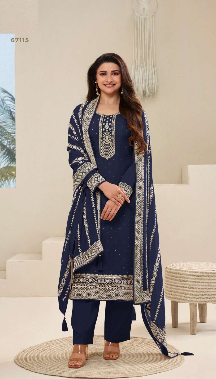 INDIAN DESIGNER FANCY WEDDING PARTY WEAR DOLA SILK BLUE STRAIGHT SALWAR SUIT NVN VNY PARUL 67115