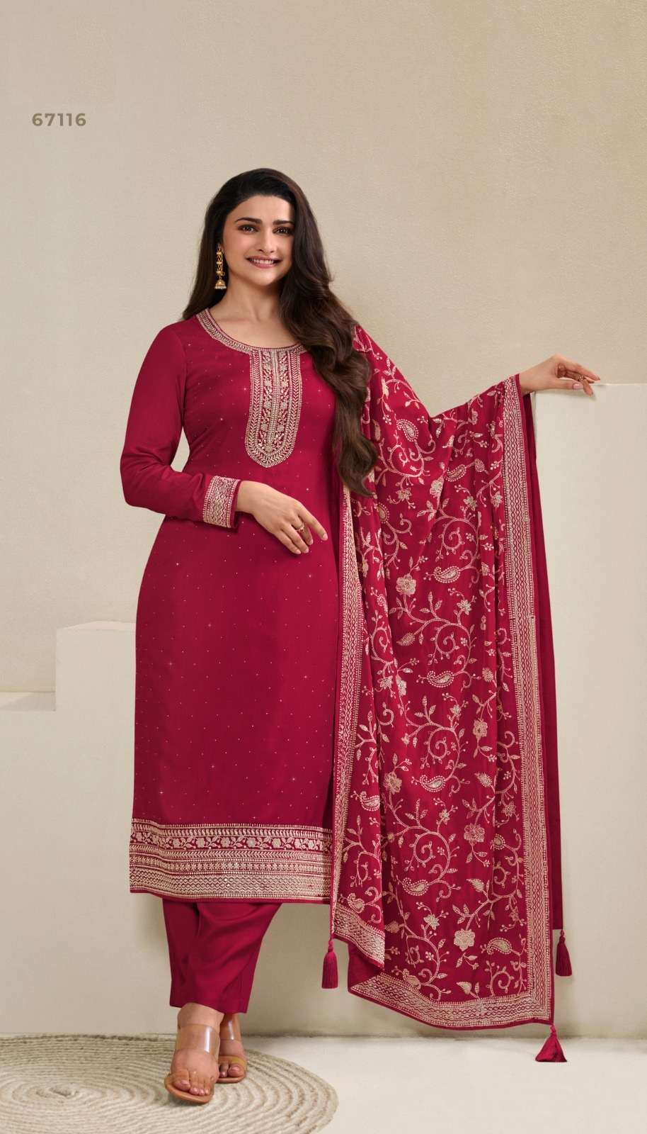 INDIAN DESIGNER FANCY WEDDING PARTY WEAR DOLA SILK RED STRAIGHT SALWAR SUIT NVN VNY PARUL 67116