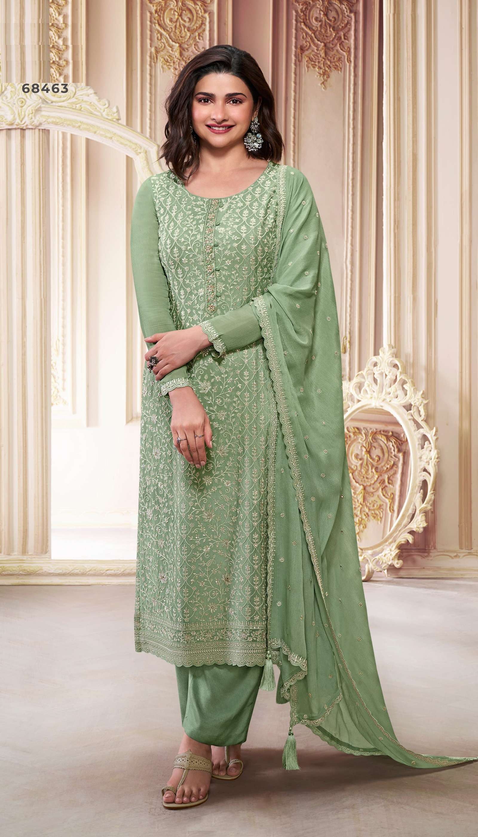 INDIAN DESIGNER FANCY WEDDING PARTY WEAR GREEN CHINON SILK STRAIGHT SALWAR SUIT VKM SAIRA 68463