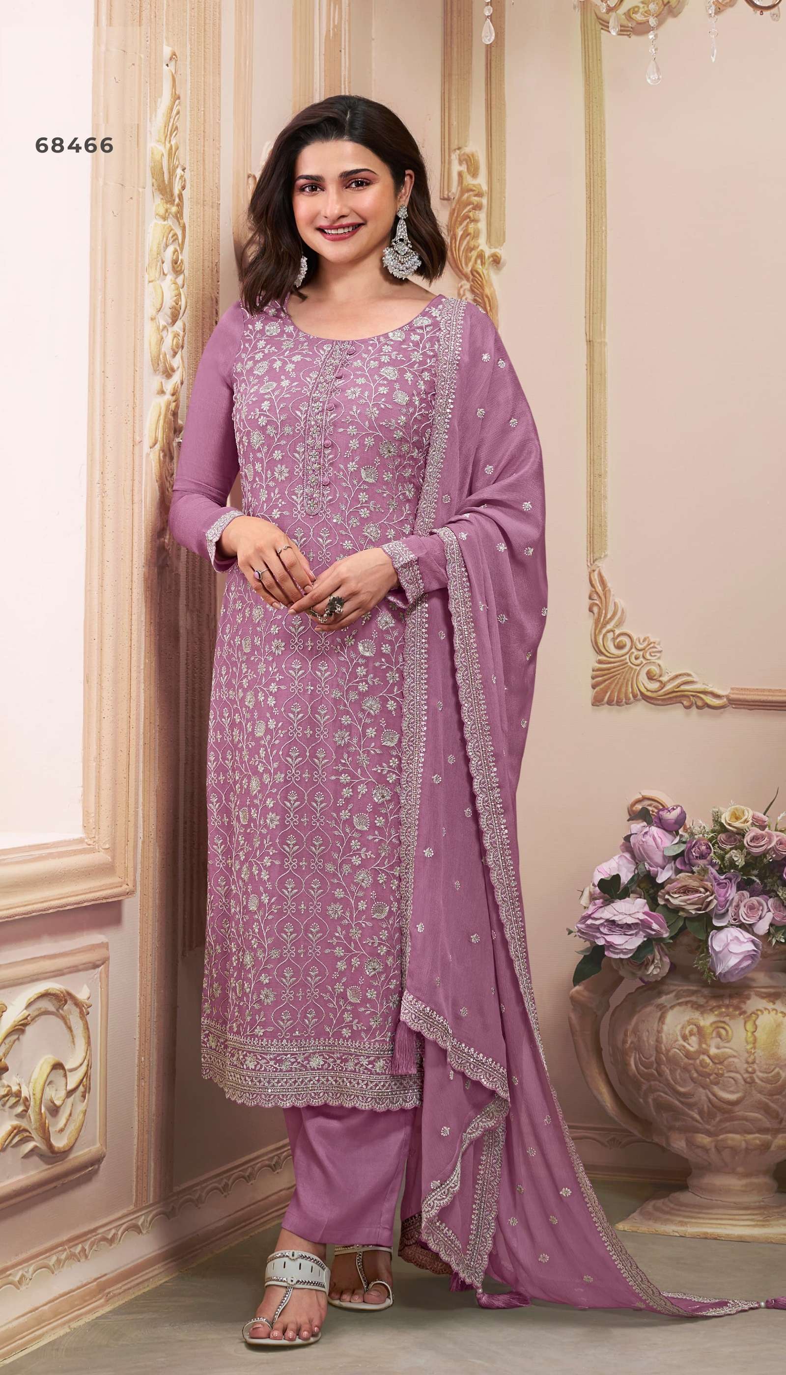 INDIAN DESIGNER FANCY WEDDING PARTY WEAR LAVENDER CHINON SILK STRAIGHT SALWAR SUIT VKM SAIRA 68466