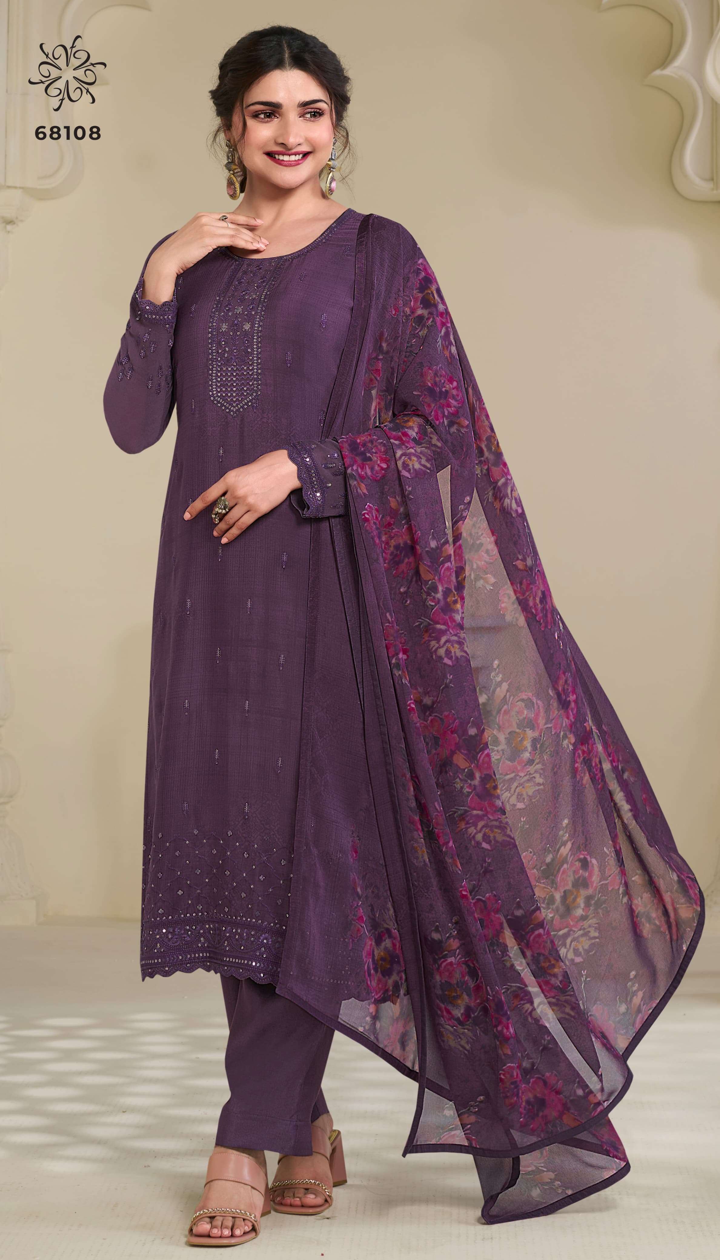 INDIAN DESIGNER FANCY WEDDING PARTY WEAR LAVENDER CREPE SILK STRAIGHT SALWAR SUIT NVN SILKINA 68108