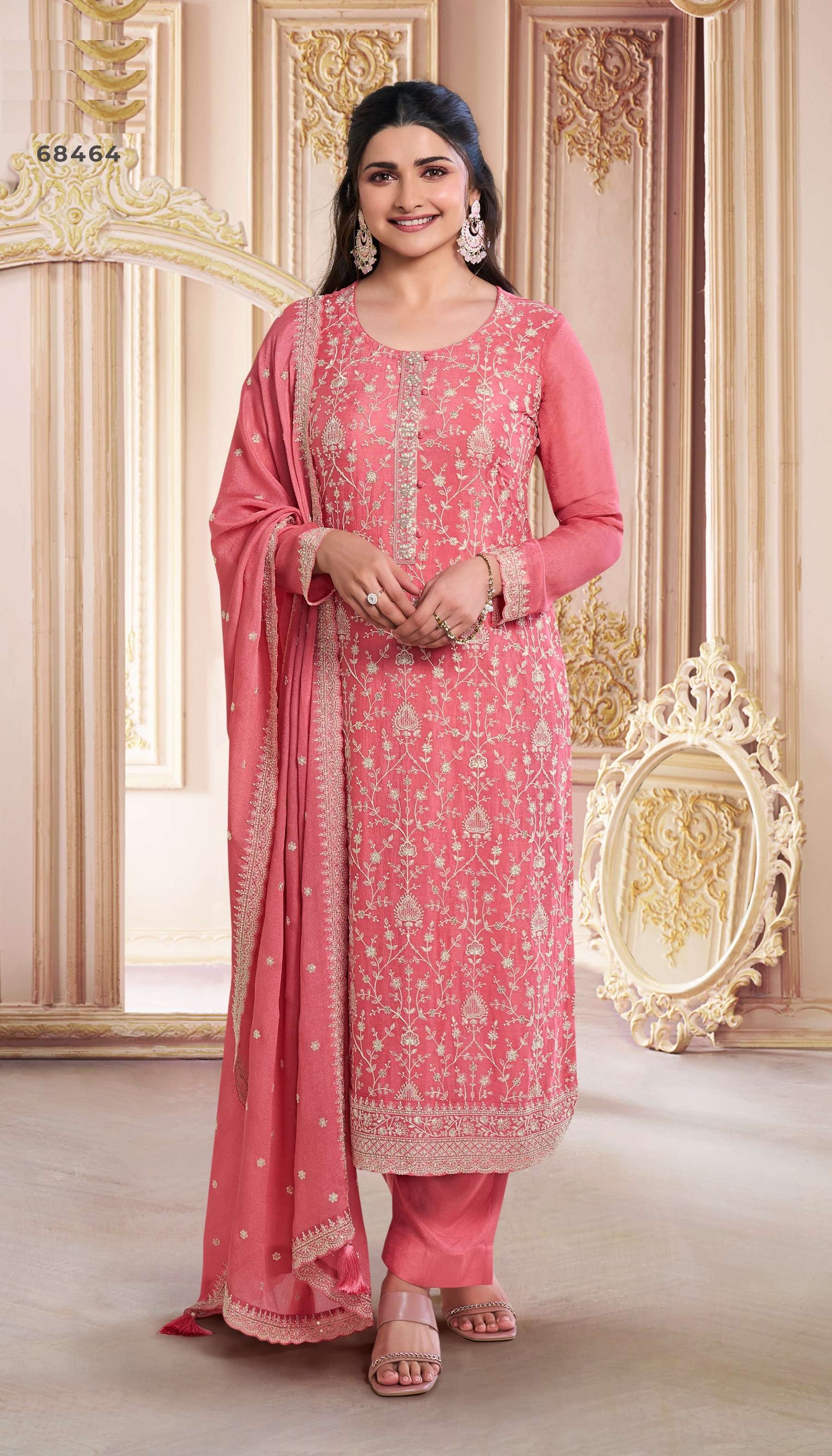 INDIAN DESIGNER FANCY WEDDING PARTY WEAR PEACH CHINON SILK STRAIGHT SALWAR SUIT VKM SAIRA 68464