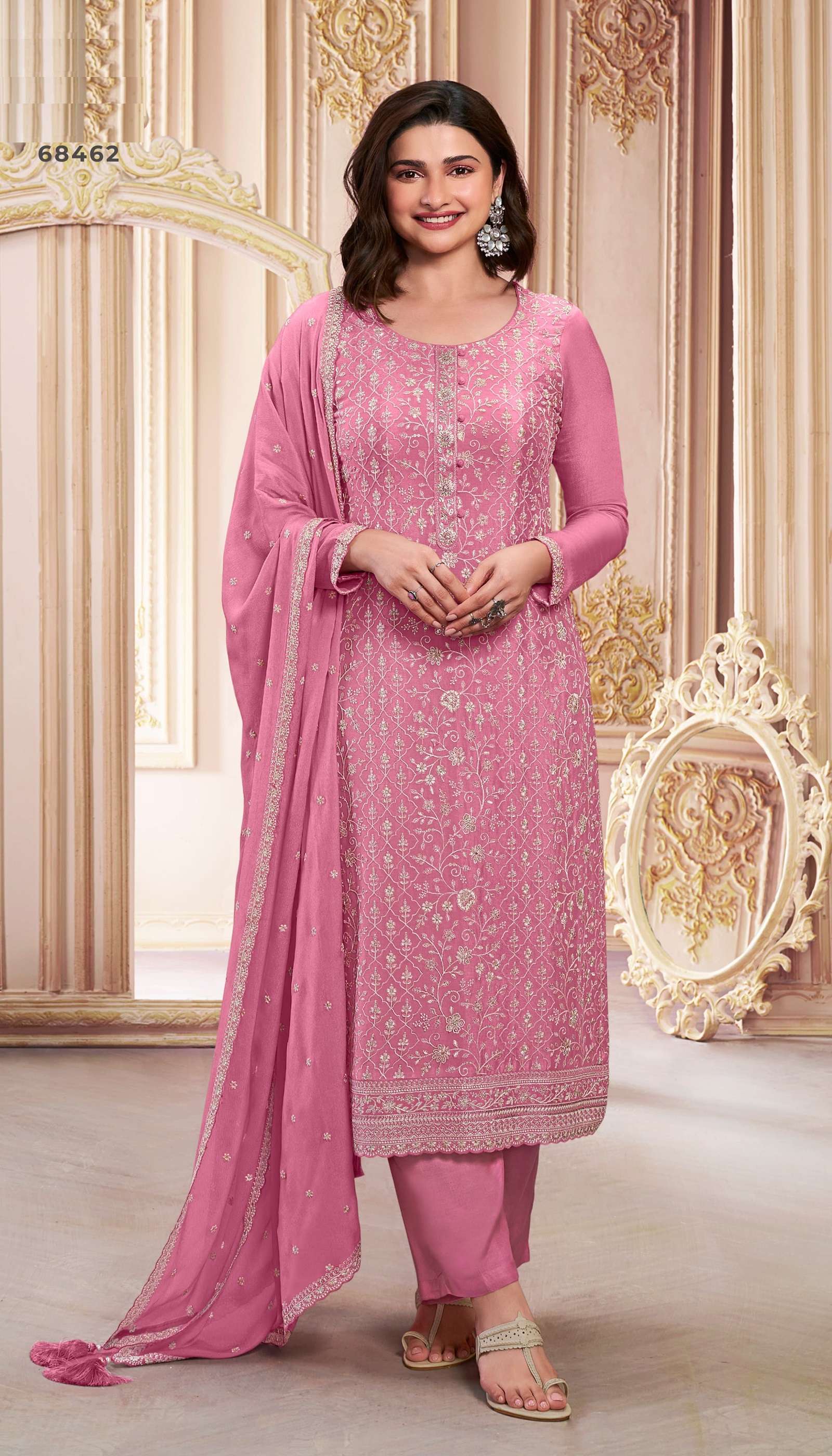 INDIAN DESIGNER FANCY WEDDING PARTY WEAR PINK CHINON SILK STRAIGHT SALWAR SUIT VKM SAIRA 68462