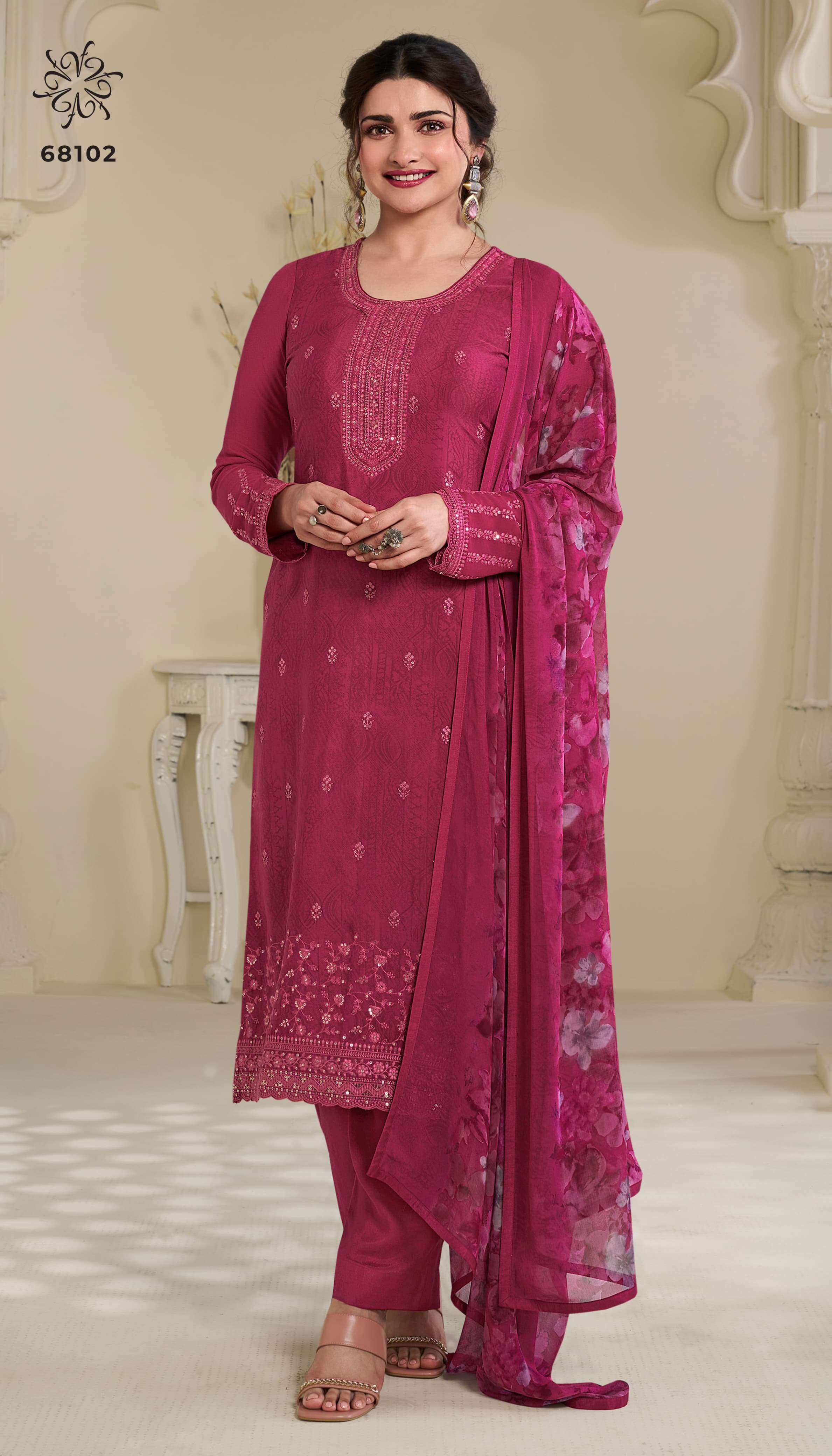 INDIAN DESIGNER FANCY WEDDING PARTY WEAR RED CREPE SILK STRAIGHT SALWAR SUIT NVN SILKINA 68102