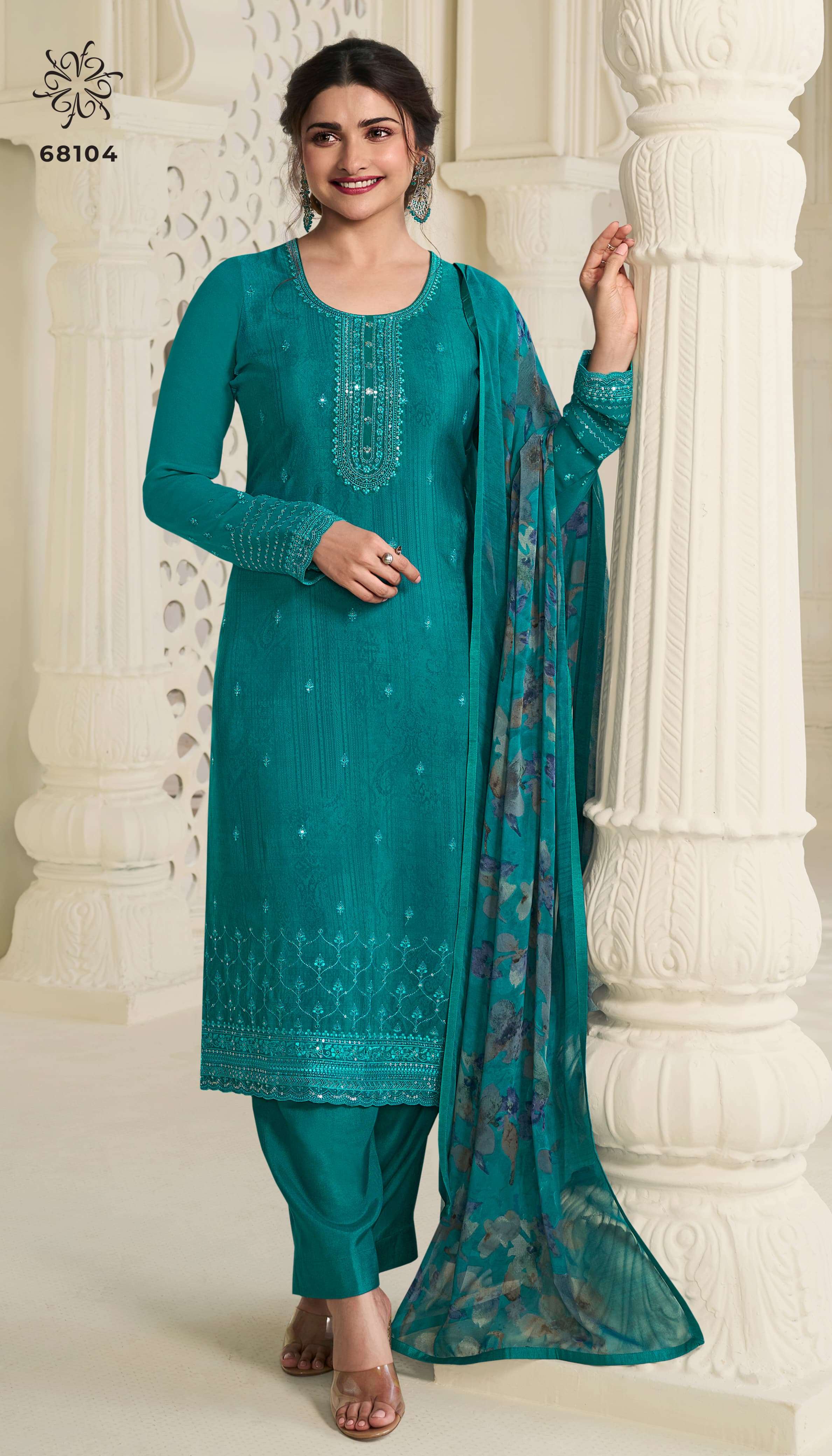 INDIAN DESIGNER FANCY WEDDING PARTY WEAR TEAL BLUE CREPE SILK STRAIGHT SALWAR SUIT NVN SILKINA 68104