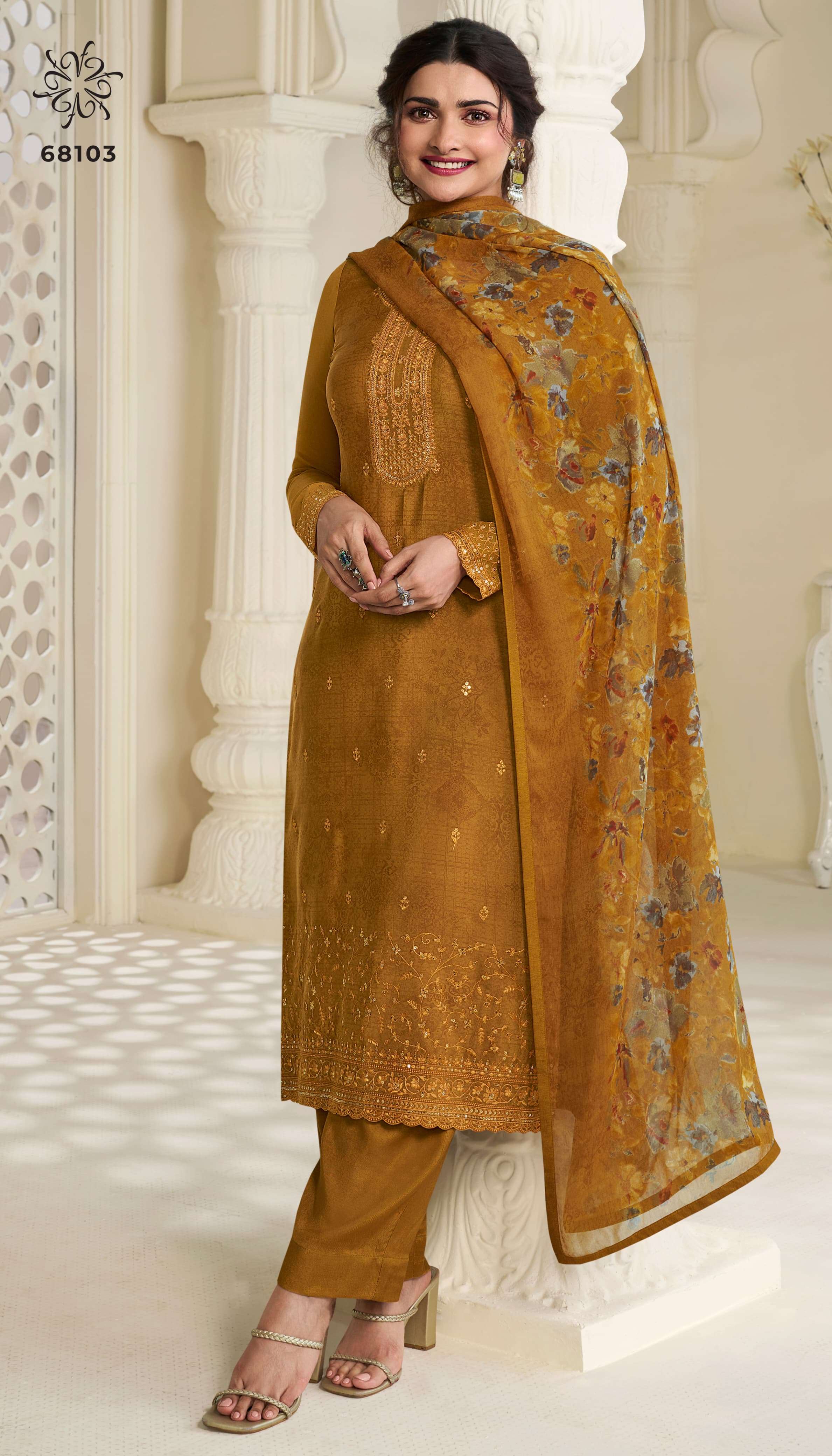 INDIAN DESIGNER FANCY WEDDING PARTY WEAR YELLOW CREPE SILK STRAIGHT SALWAR SUIT NVN SILKINA 68103