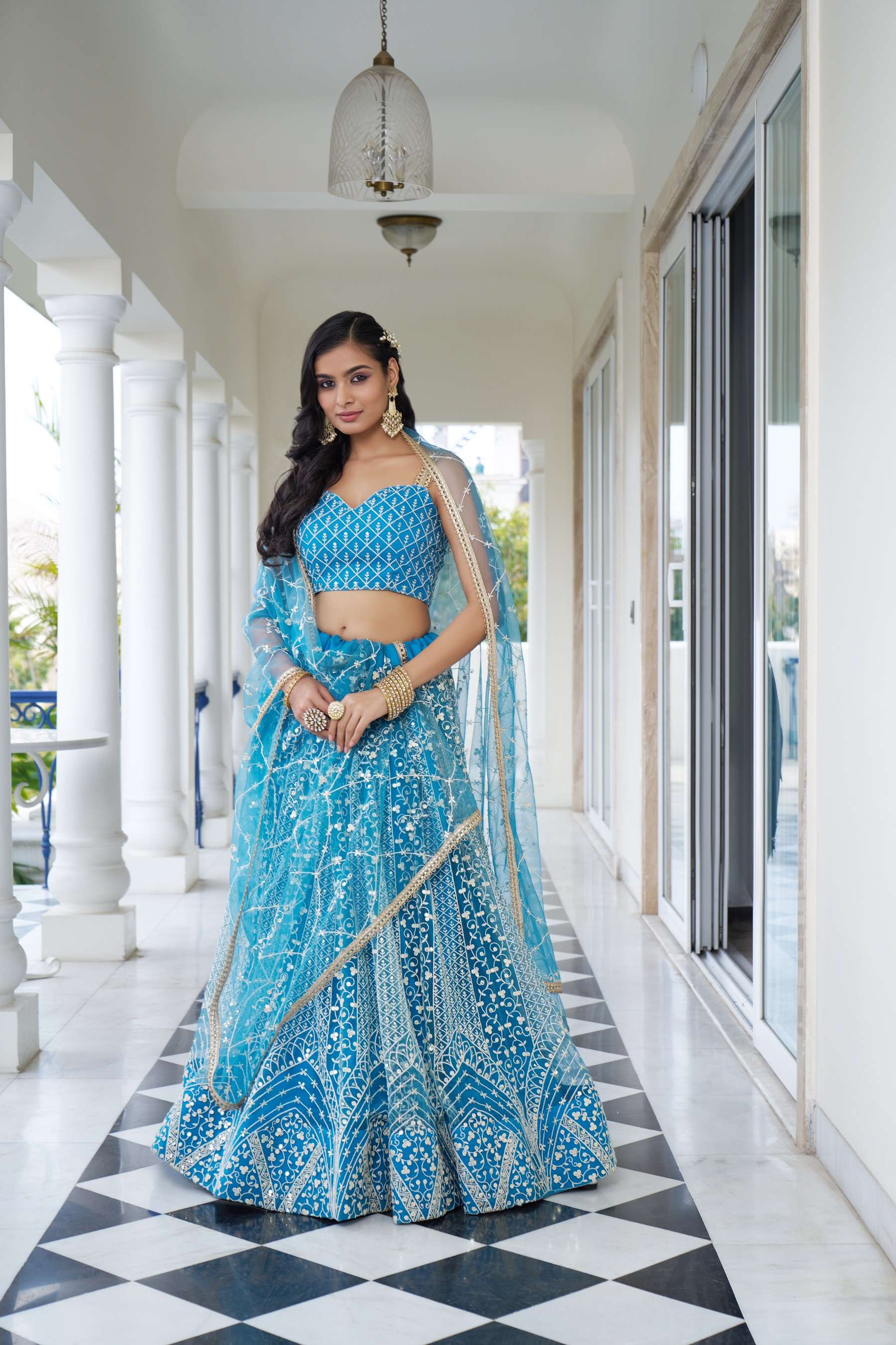 BEST QUALITY INDIAN DESIGNER BOLLYWOOD WEDDING PARTY WEAR SKY BLUE LEHENGA CHOLI NET FABRIC NVN NARAYANI 2137