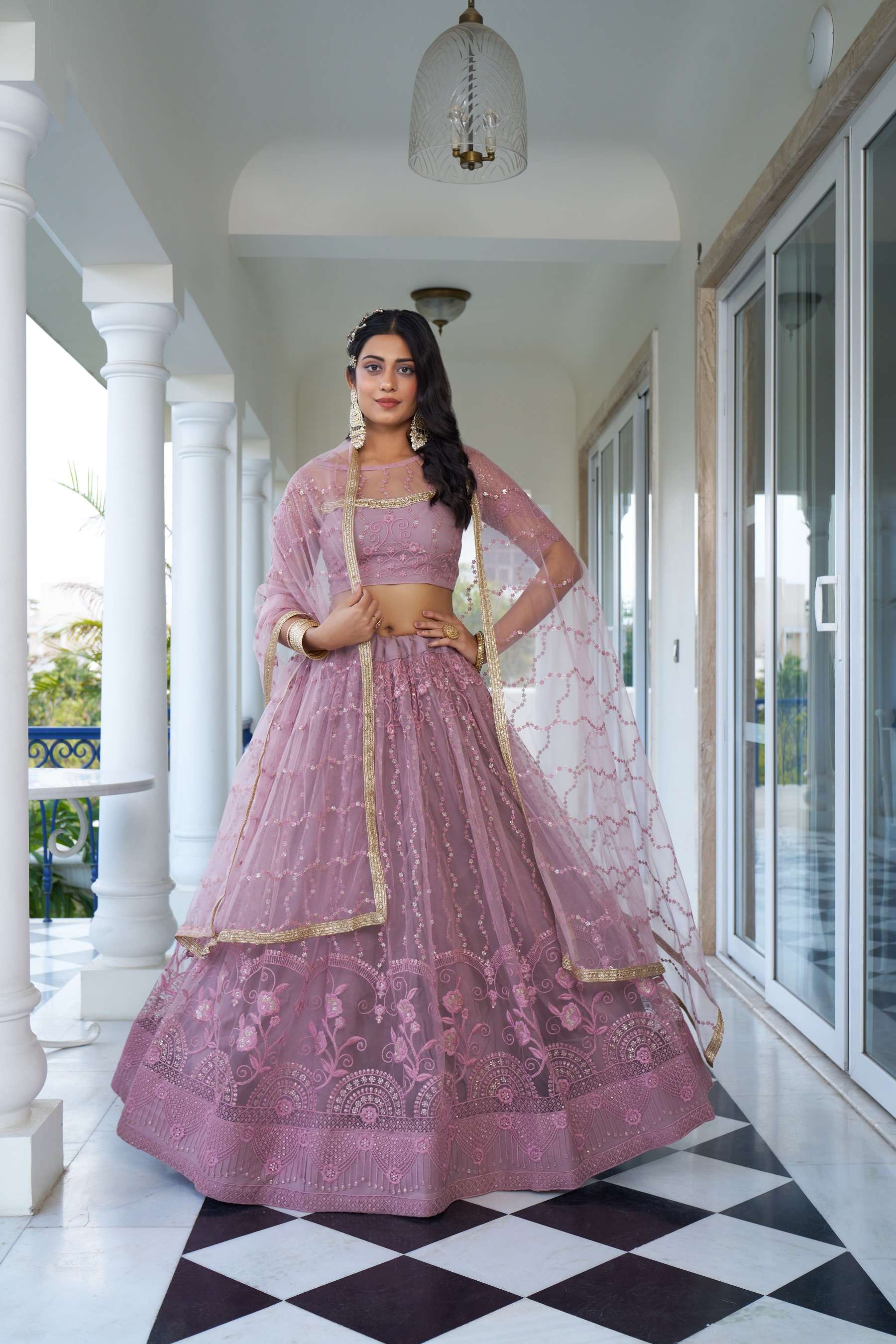 BEST QUALITY INDIAN DESIGNER BOLLYWOOD WEDDING PARTY WEAR DUSTY PINK LEHENGA CHOLI NET FABRIC NVN NARAYANI 2138