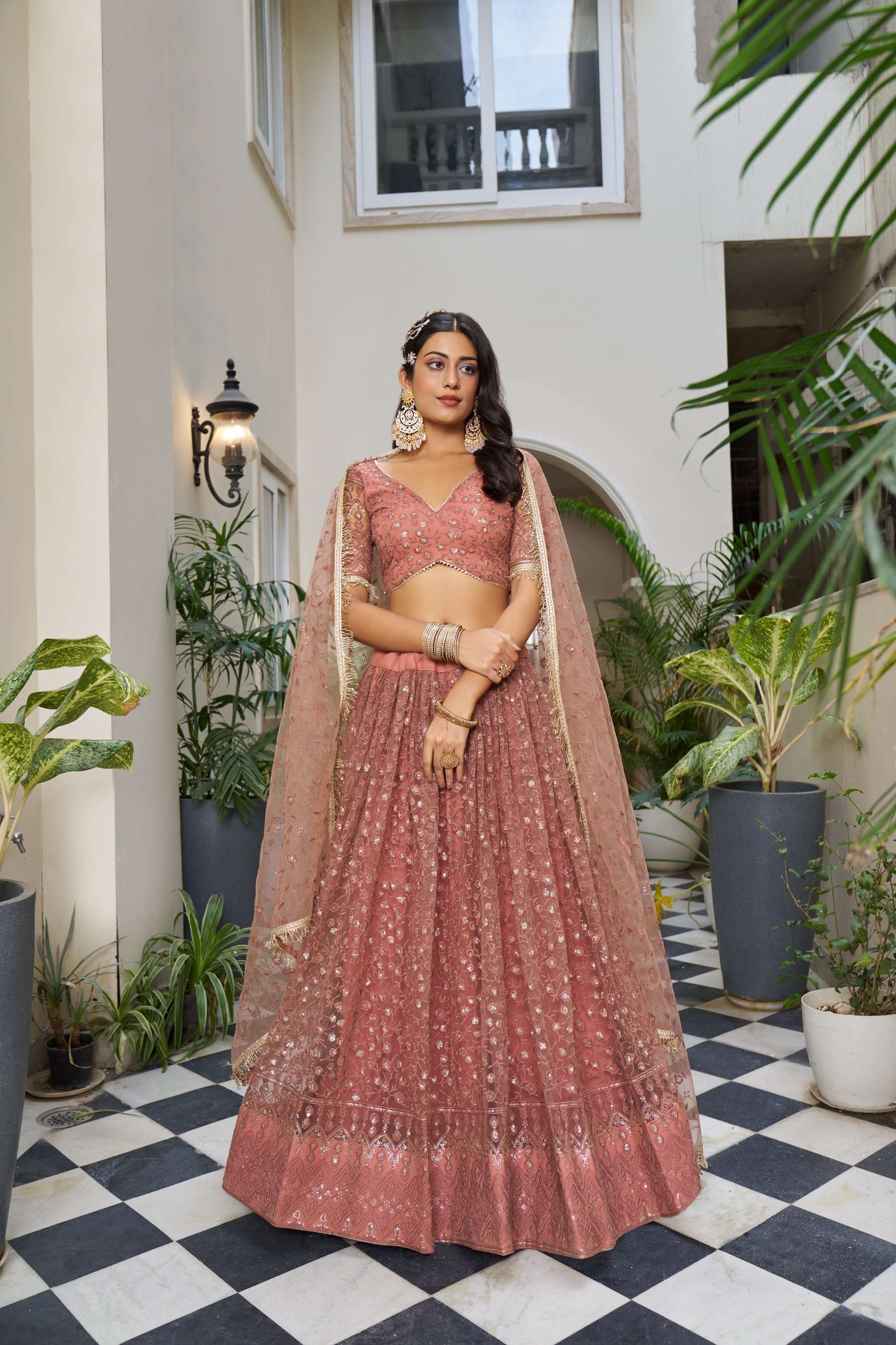 BEST QUALITY INDIAN DESIGNER BOLLYWOOD WEDDING PARTY WEAR PEACH LEHENGA CHOLI NET FABRIC NVN NARAYANI 2140