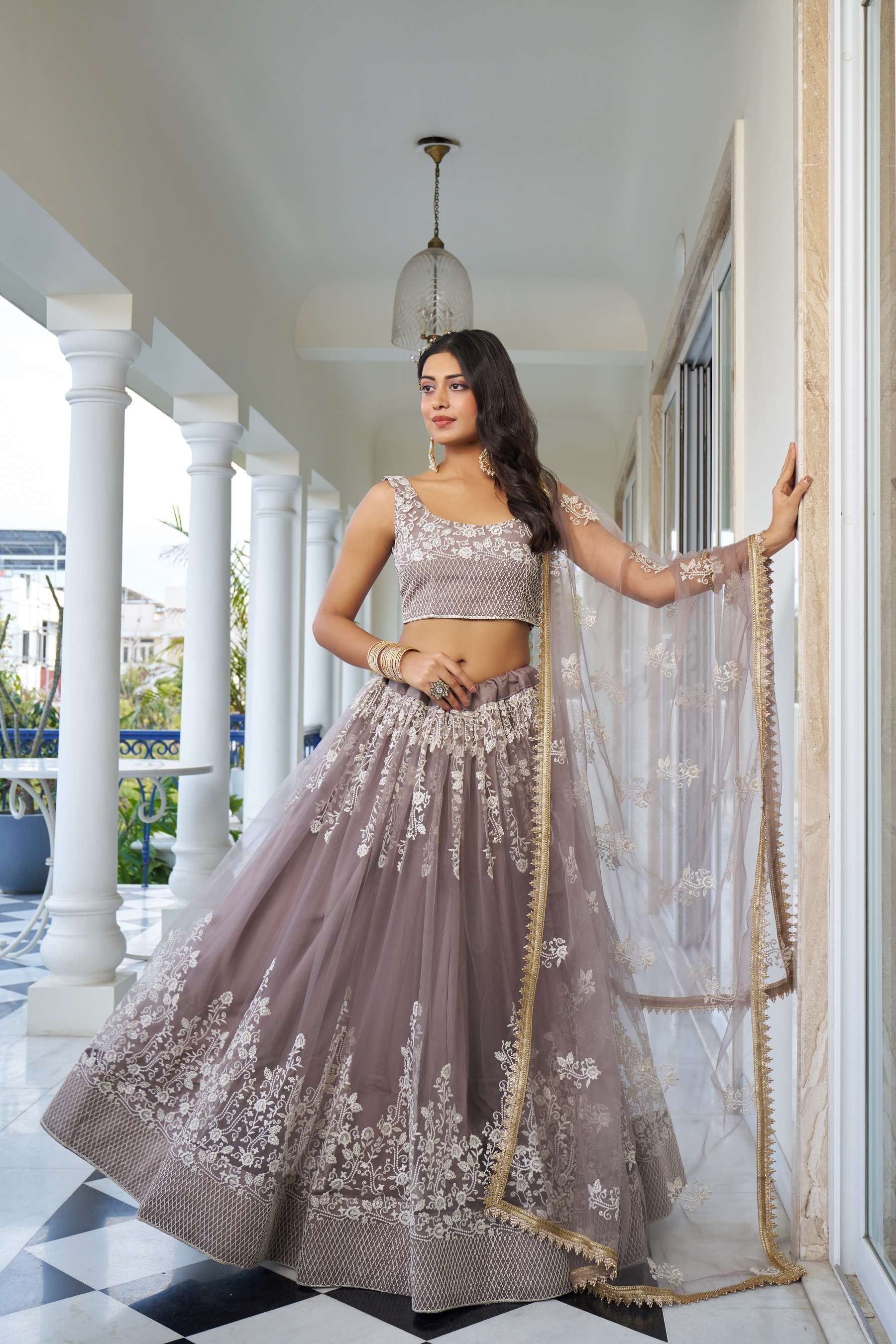 BEST QUALITY INDIAN DESIGNER BOLLYWOOD WEDDING PARTY WEAR BROWN LEHENGA CHOLI NET FABRIC NVN NARAYANI 2141