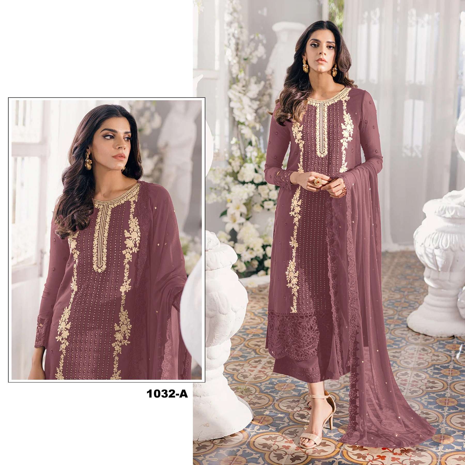 DESIGNER FANCY WEDDING PARTY FESTIVAL WEAR FAUX GEORGETTE DEEP PINK STARIGHT PAKISTANI SALWAR SUIT SRH 1032 A