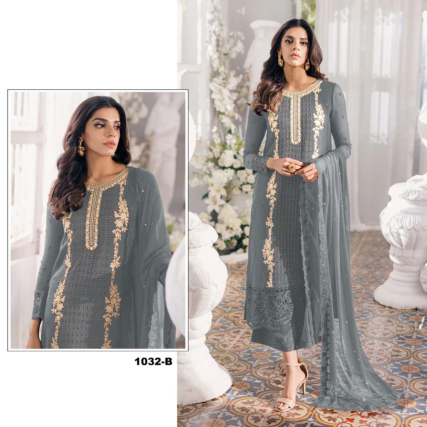 DESIGNER FANCY WEDDING PARTY FESTIVAL WEAR FAUX GEORGETTE GREY STARIGHT PAKISTANI SALWAR SUIT SRH 1032 B