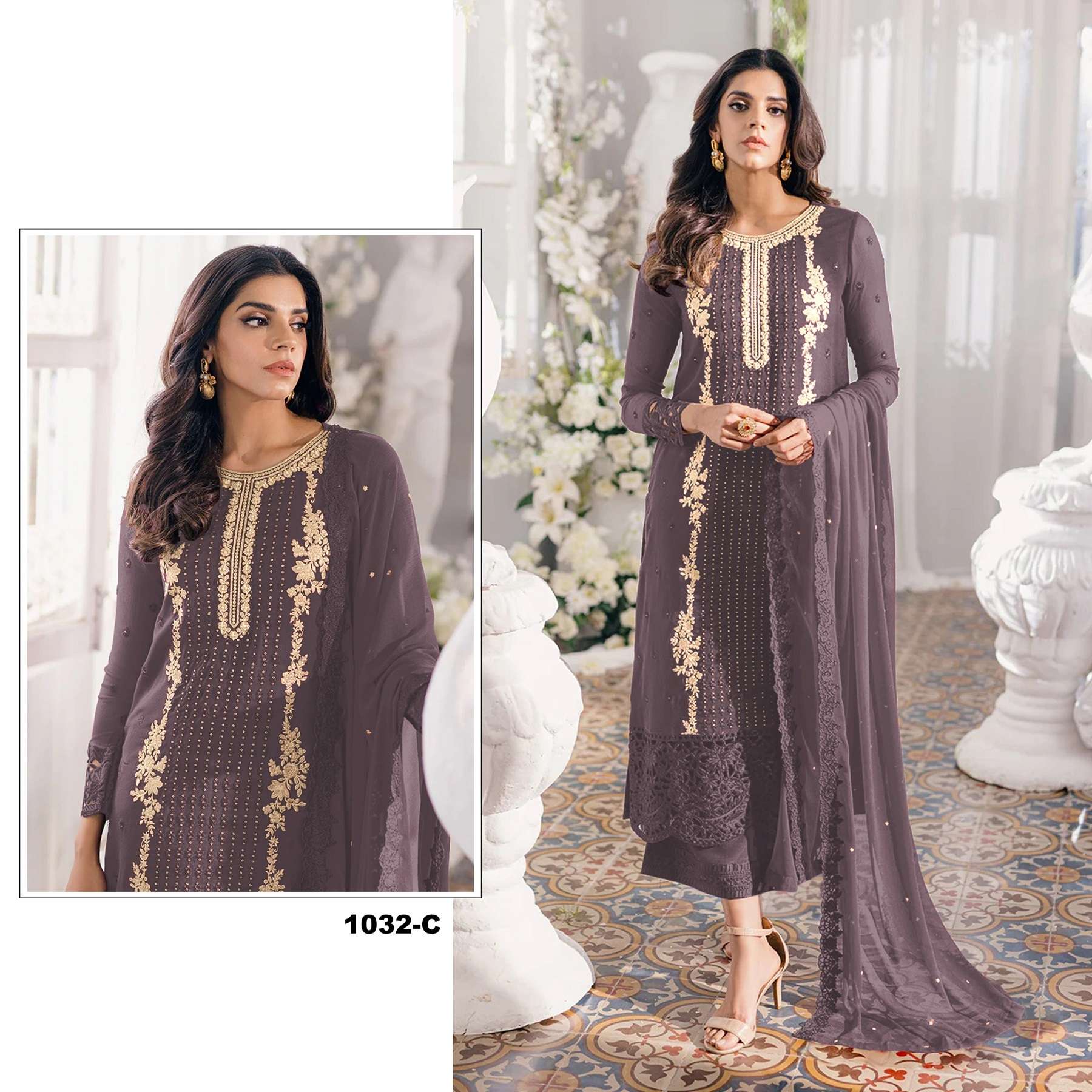 DESIGNER FANCY WEDDING PARTY FESTIVAL WEAR FAUX GEORGETTE LAVENDER STARIGHT PAKISTANI SALWAR SUIT SRH 1032 C