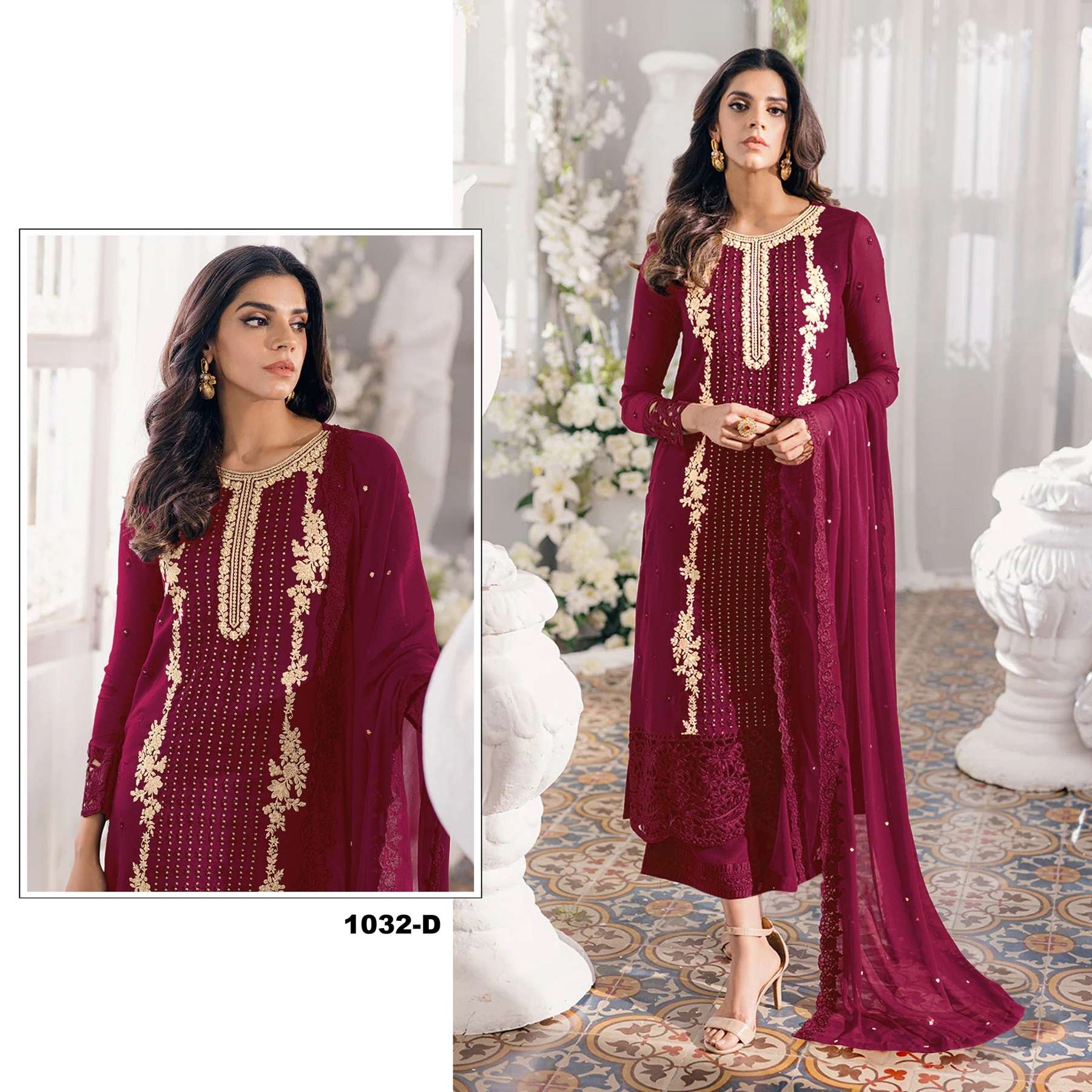 DESIGNER FANCY WEDDING PARTY FESTIVAL WEAR FAUX GEORGETTE RED STARIGHT PAKISTANI SALWAR SUIT SRH 1032D