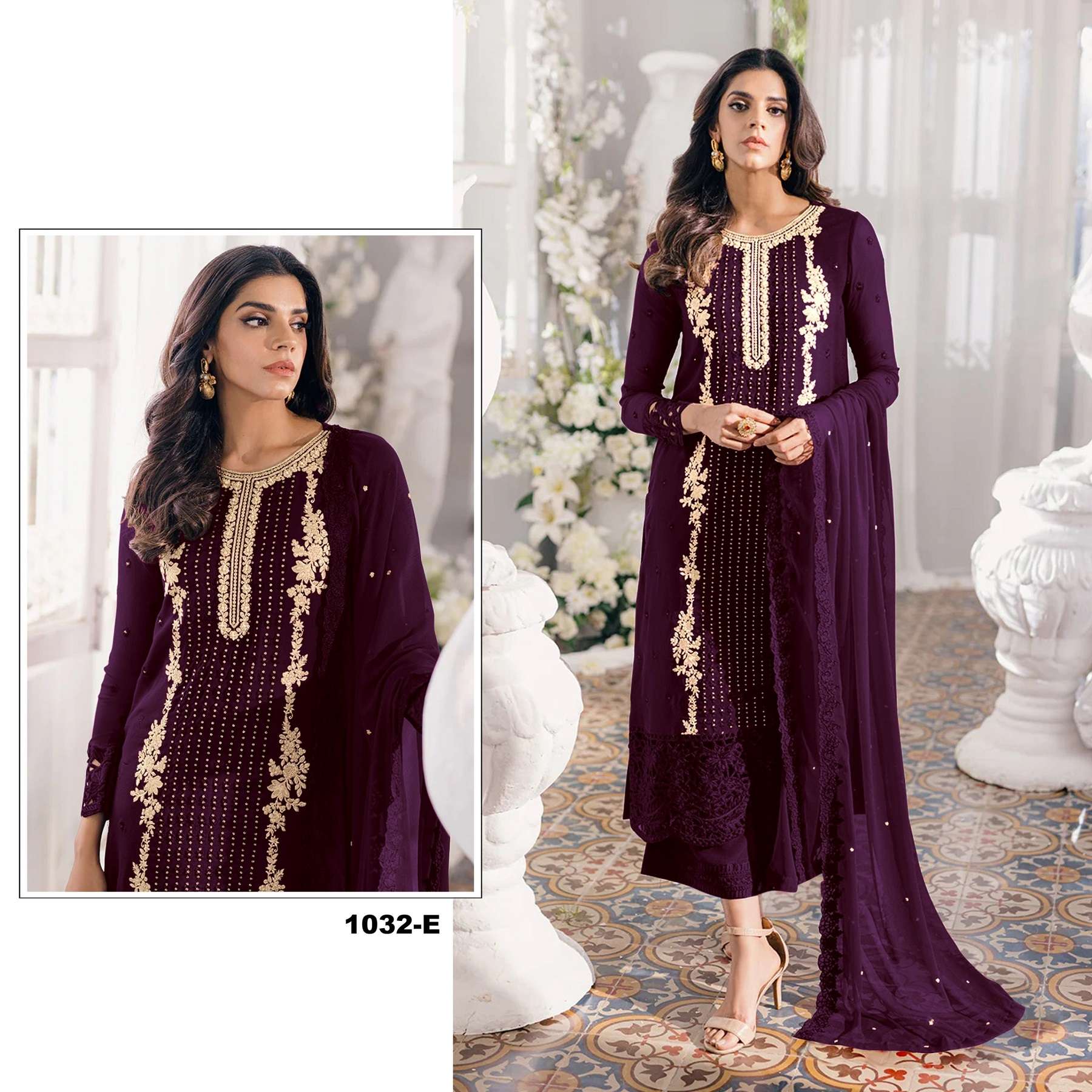 DESIGNER FANCY WEDDING PARTY FESTIVAL WEAR FAUX GEORGETTE WINE STARIGHT PAKISTANI SALWAR SUIT SRH 1032 E