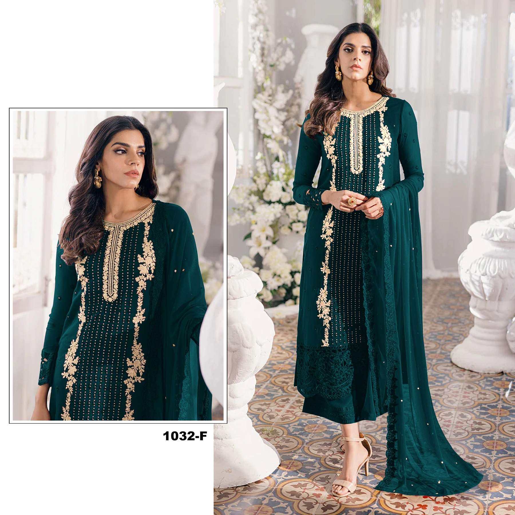 DESIGNER FANCY WEDDING PARTY FESTIVAL WEAR FAUX GEORGETTE GREEN STARIGHT PAKISTANI SALWAR SUIT SRH 1032 F