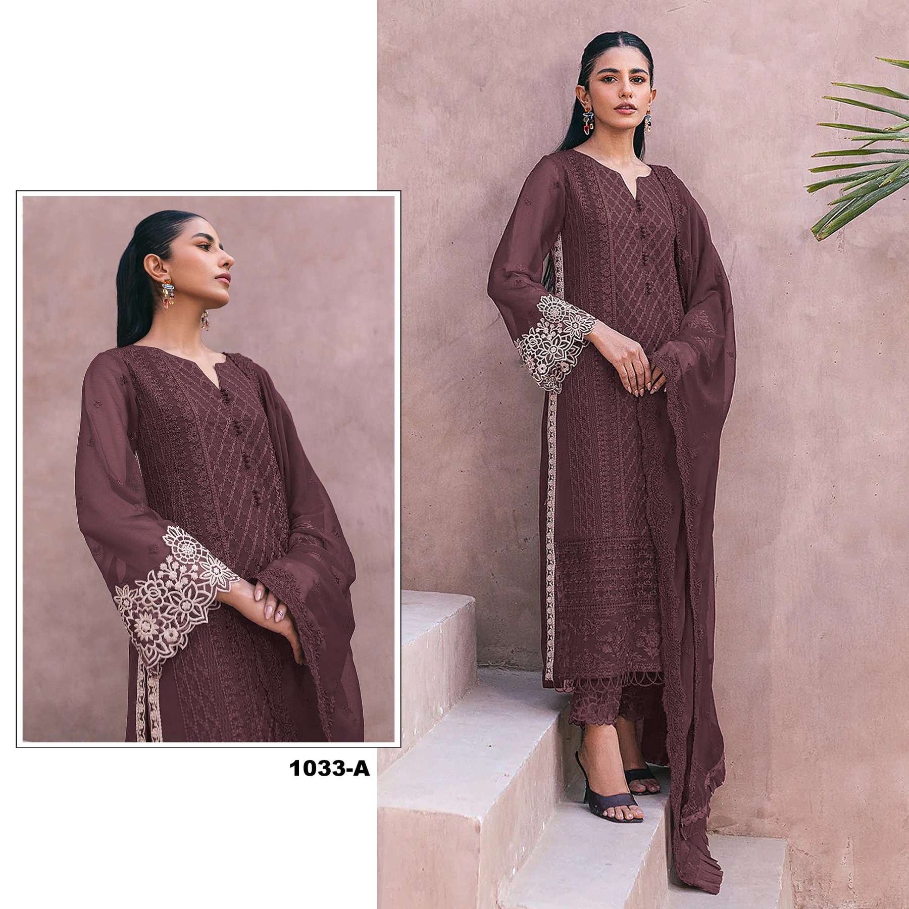 DESIGNER FANCY WEDDING PARTY FESTIVAL WEAR FAUX GEORGETTE BROWN STARIGHT PAKISTANI SALWAR SUIT 1033 A