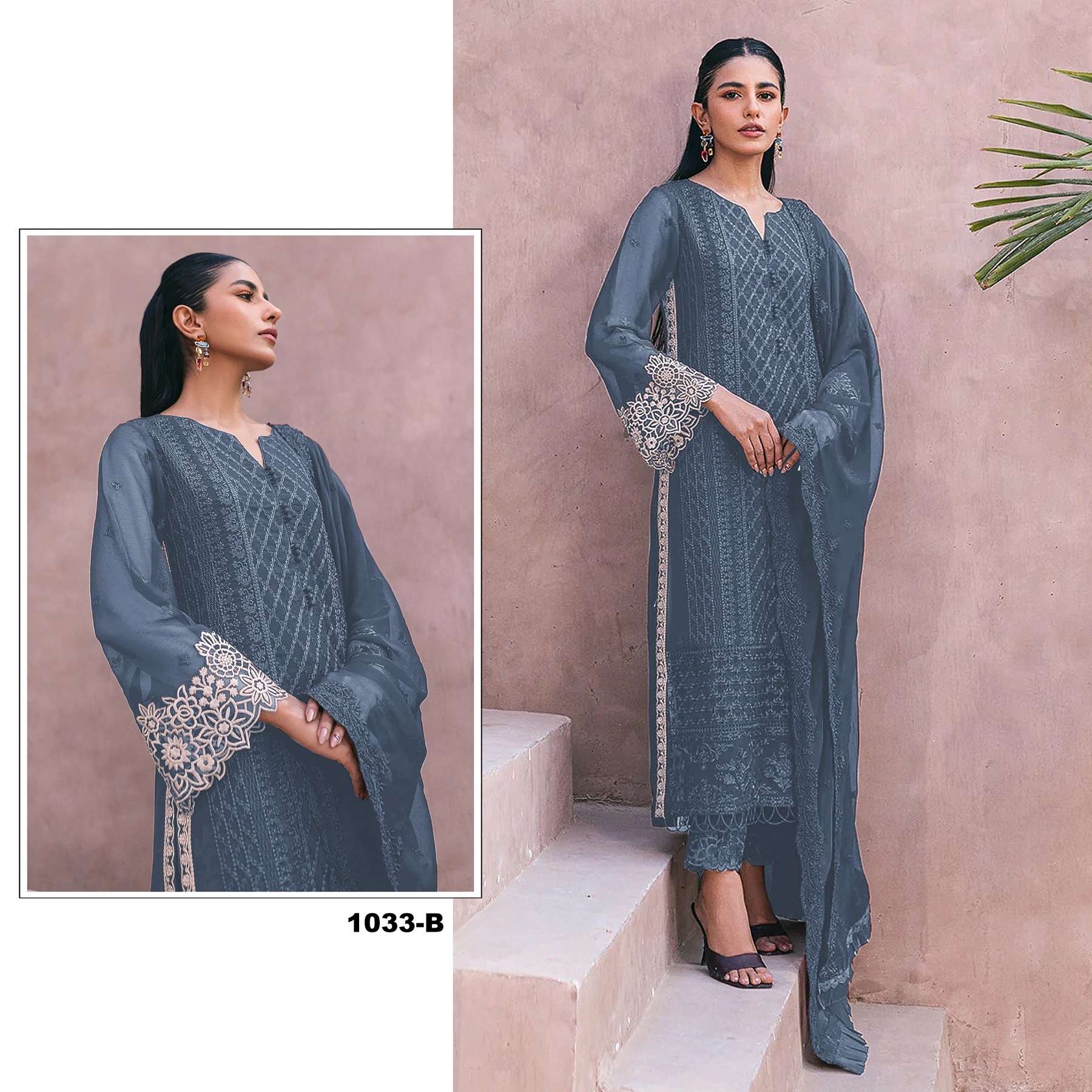 DESIGNER FANCY WEDDING PARTY FESTIVAL WEAR FAUX GEORGETTE GREY STARIGHT PAKISTANI SALWAR SUIT 1033 B