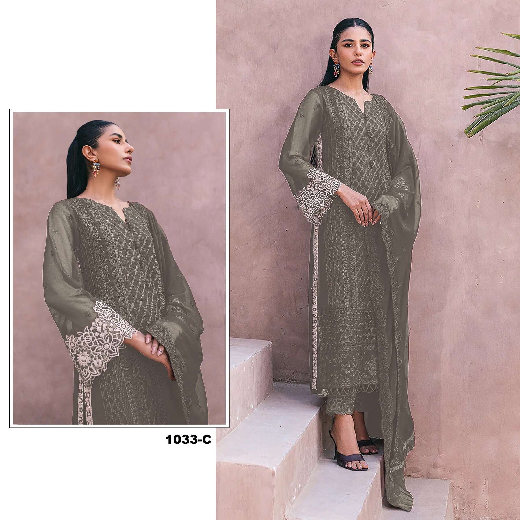 DESIGNER FANCY WEDDING PARTY FESTIVAL WEAR FAUX GEORGETTE GREY STARIGHT PAKISTANI SALWAR SUIT 1033 C