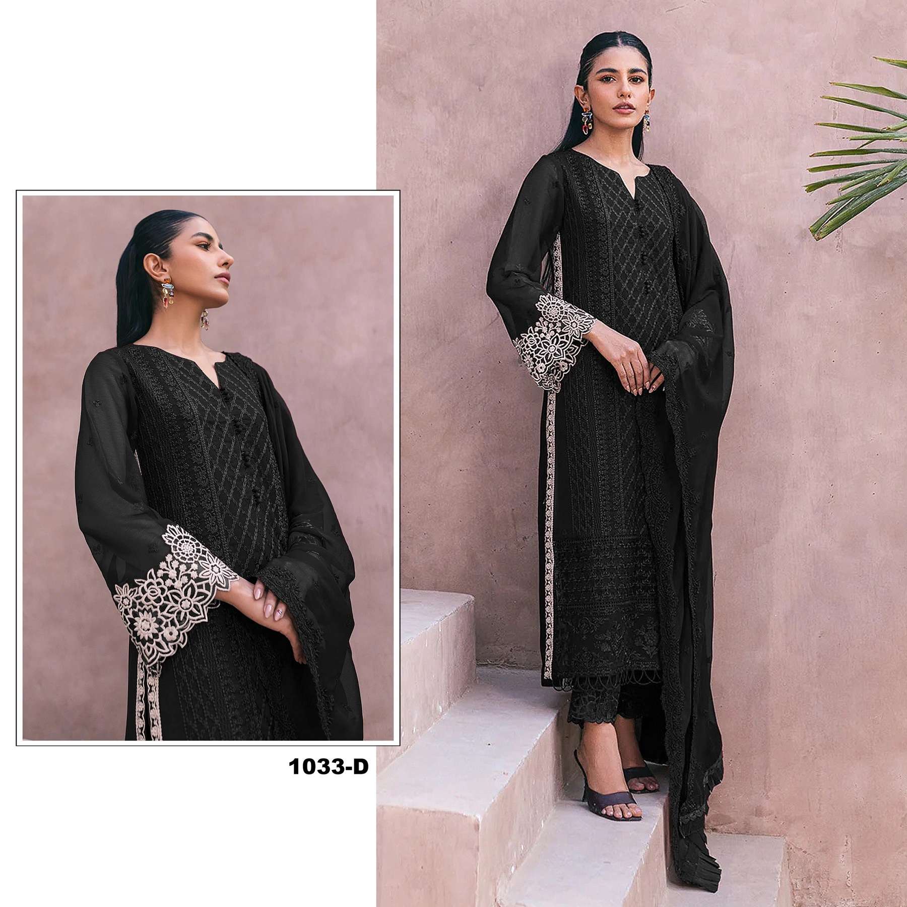 DESIGNER FANCY WEDDING PARTY FESTIVAL WEAR FAUX GEORGETTE BLACK STARIGHT PAKISTANI SALWAR SUIT 1033 D