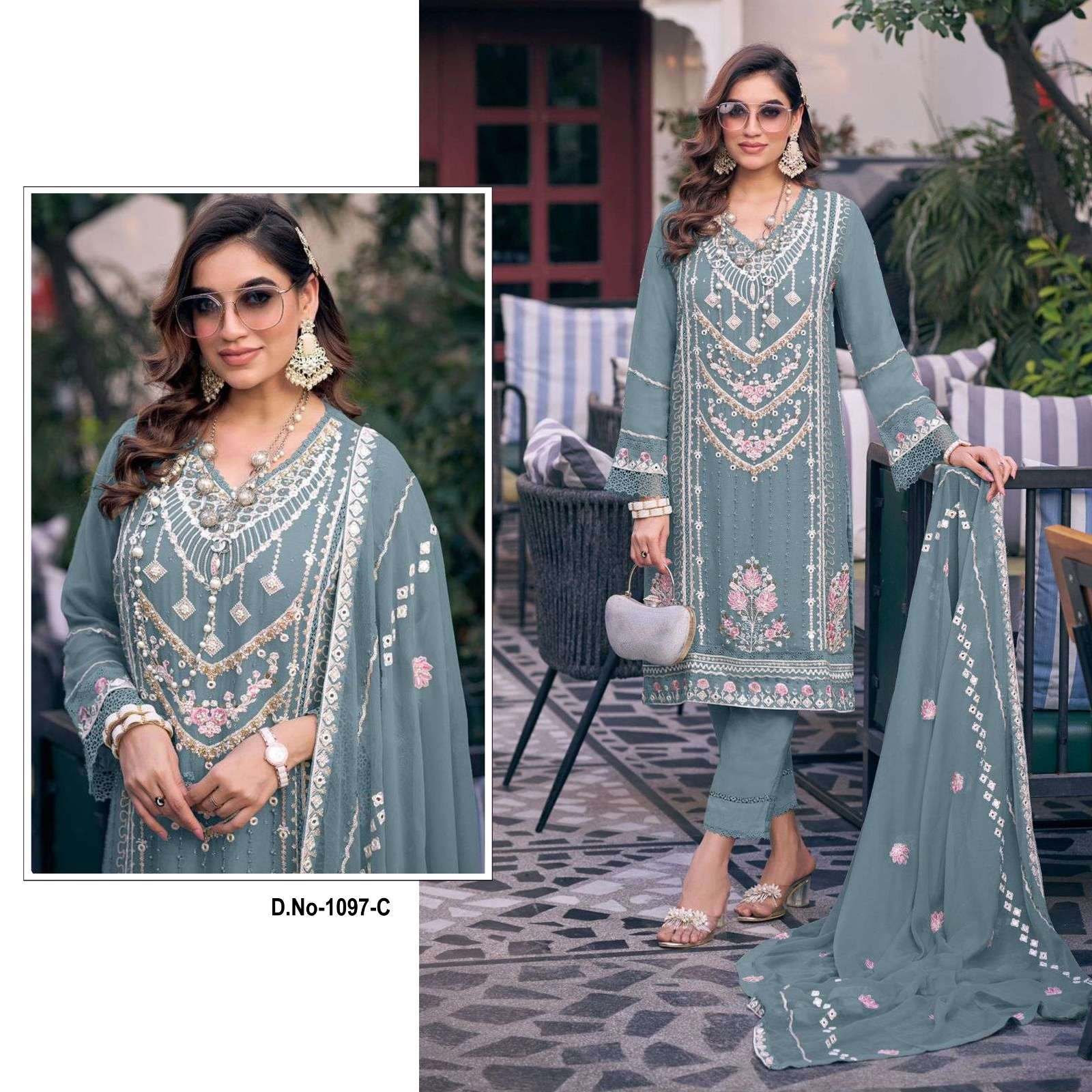 DESIGNER FANCY WEDDING PARTY FESTIVAL WEAR FAUX GEORGETTE GREY STARIGHT PAKISTANI SALWAR SUIT SRH 1097