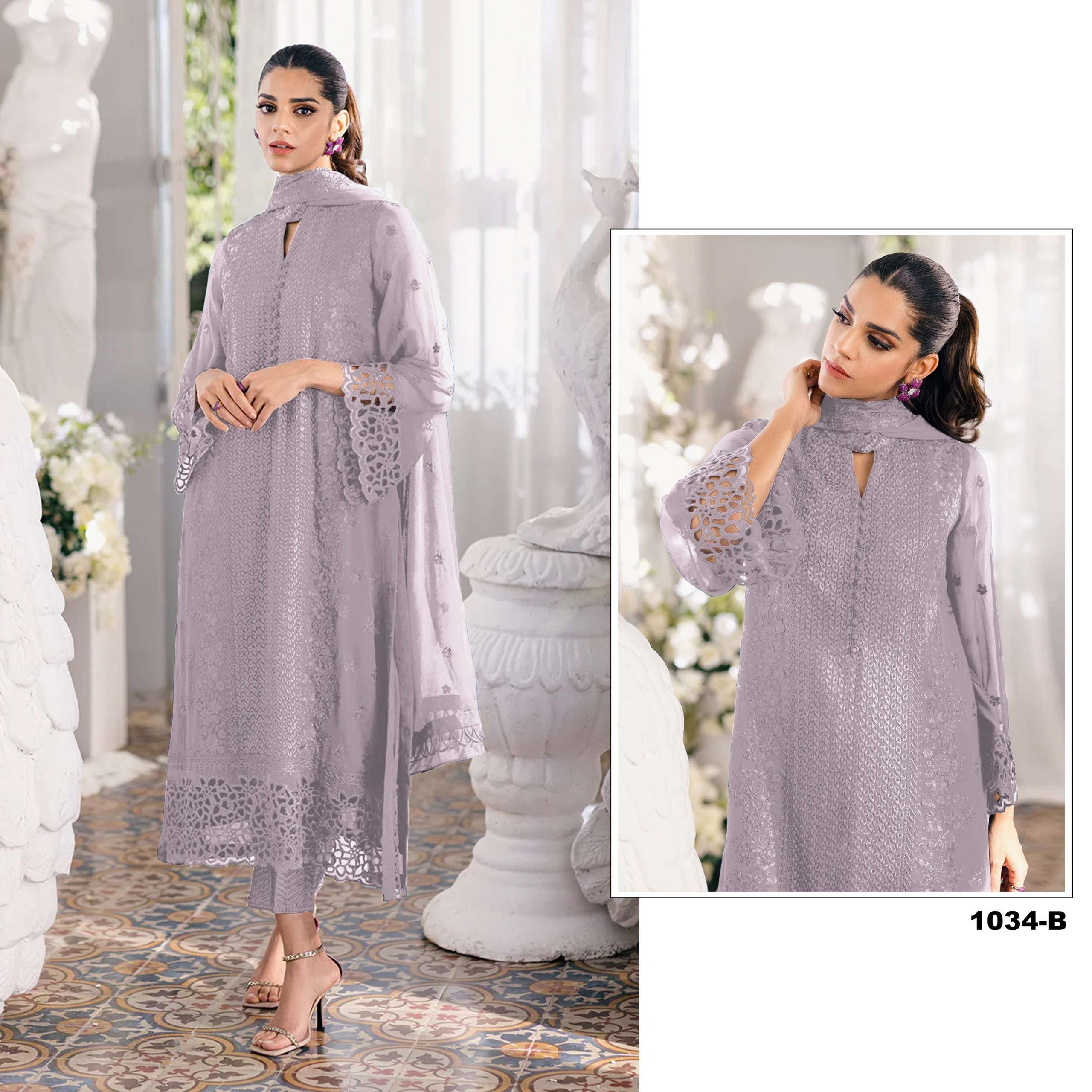 DESIGNER FANCY WEDDING PARTY FESTIVAL WEAR LAVENDER FAUX GEORGETTE STARIGHT PAKISTANI SALWAR SUIT 1034 B