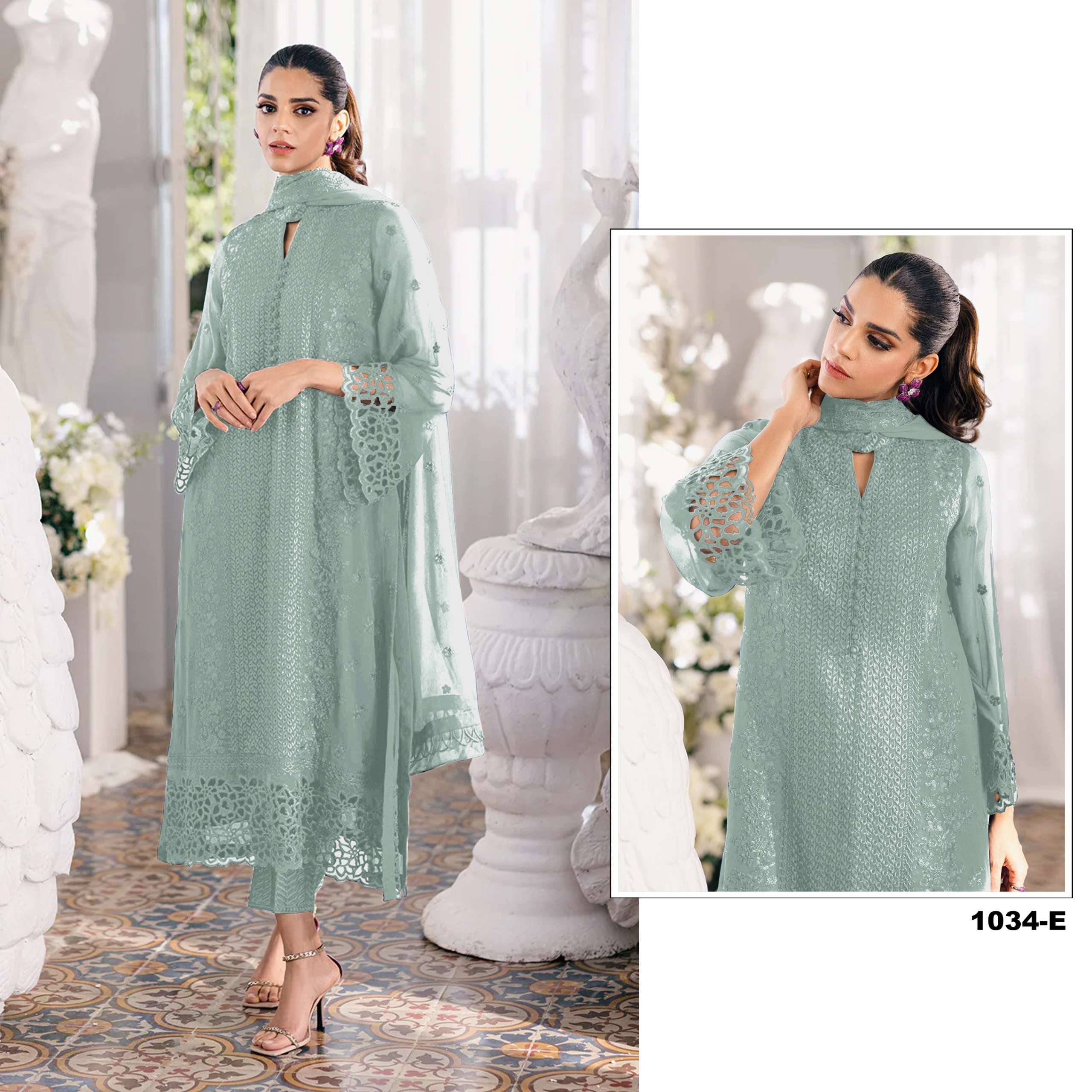 DESIGNER FANCY WEDDING PARTY FESTIVAL WEAR PASTEL GREEN FAUX GEORGETTE STARIGHT PAKISTANI SALWAR SUIT 1034 E