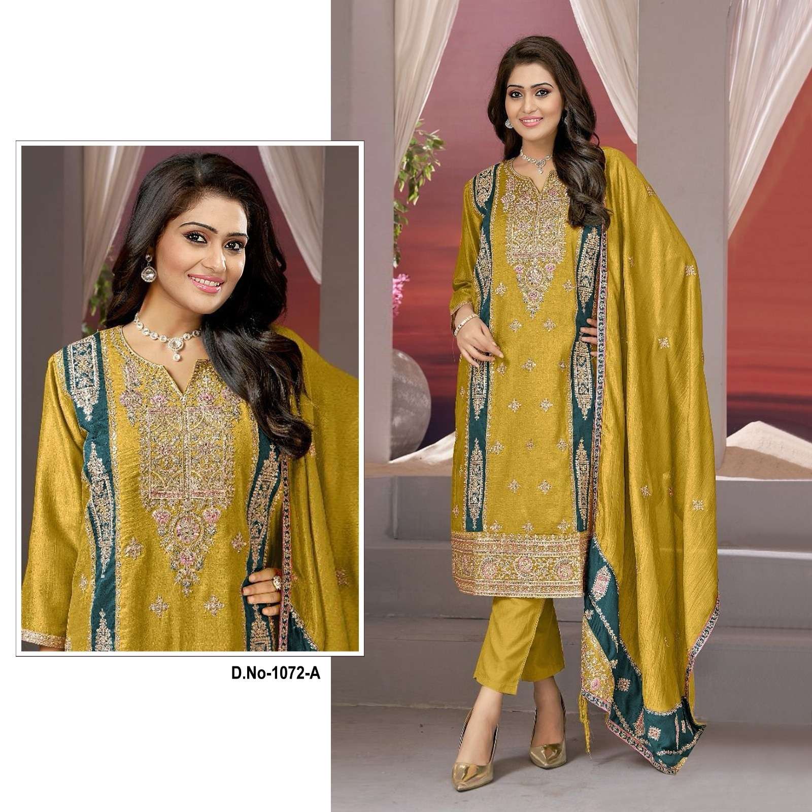 DESIGNER FANCY WEDDING PARTY FESTIVAL WEAR VICHITRA SILK YELLOW STARIGHT PAKISTANI SALWAR SUIT SRH 1072 A