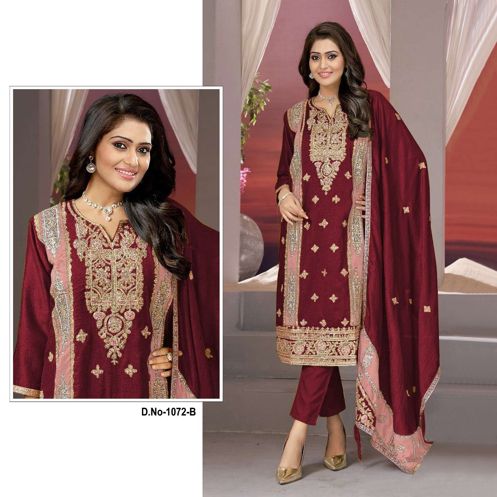 DESIGNER FANCY WEDDING PARTY FESTIVAL WEAR VICHITRA SILK RED STARIGHT PAKISTANI SALWAR SUIT SRH 1072 B