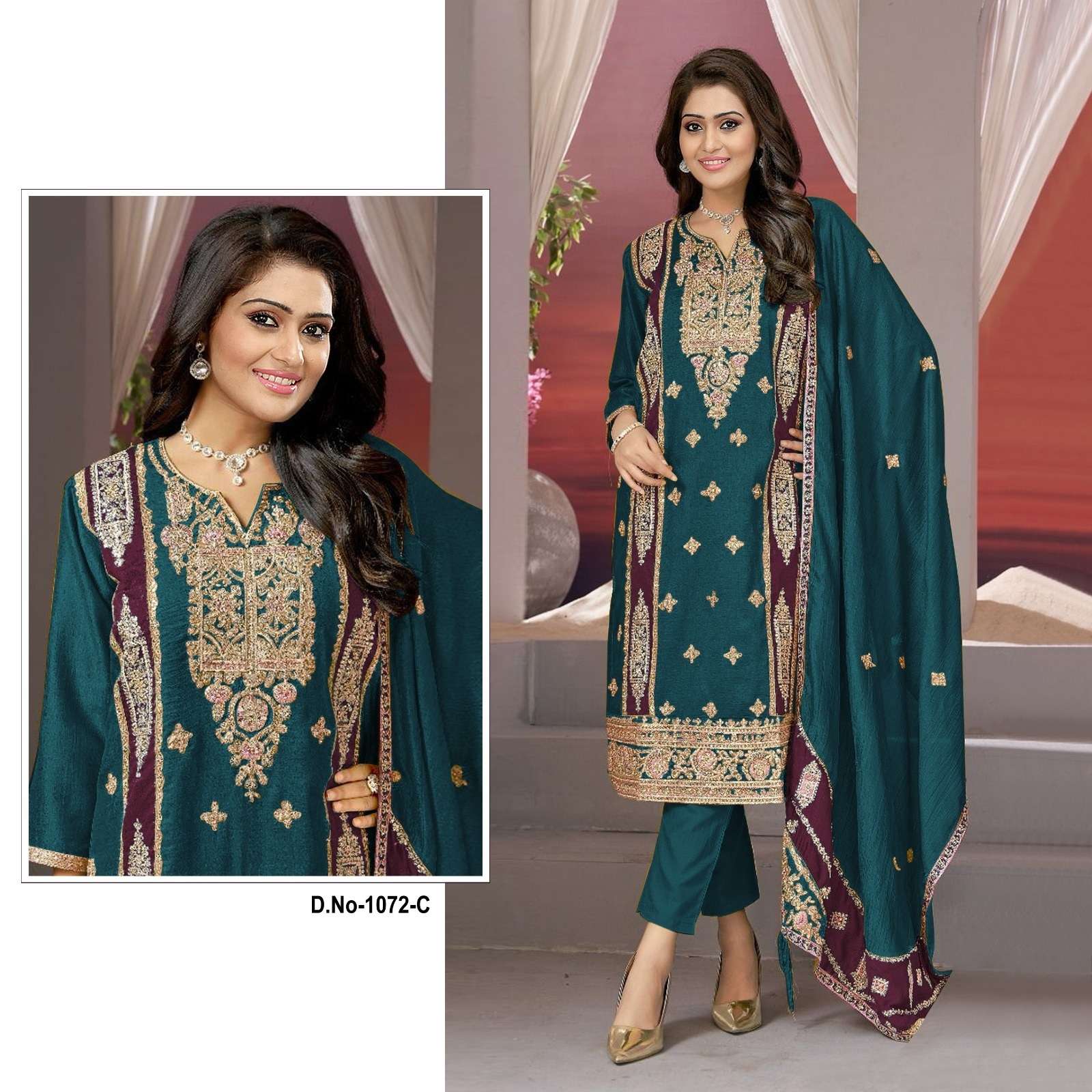 DESIGNER FANCY WEDDING PARTY FESTIVAL WEAR VICHITRA SILK BLUE STARIGHT PAKISTANI SALWAR SUIT SRH 1072 C