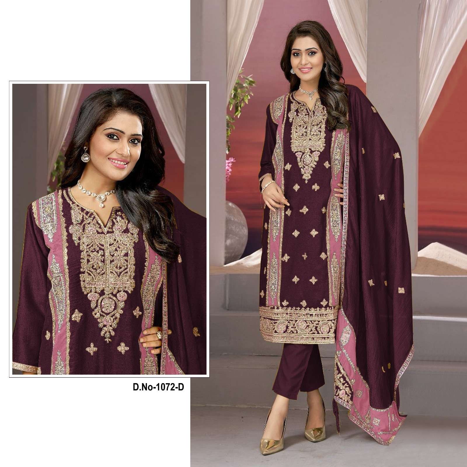 DESIGNER FANCY WEDDING PARTY FESTIVAL WEAR VICHITRA SILK WINE STARIGHT PAKISTANI SALWAR SUIT SRH 1072 D