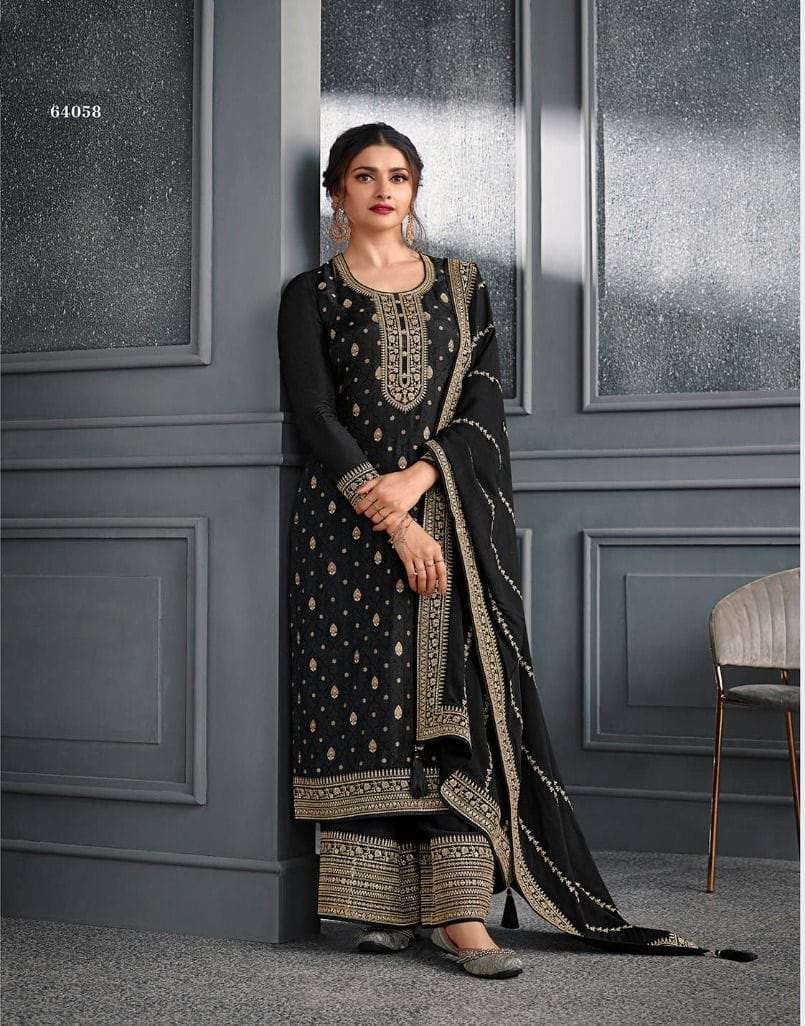 DESIGNER FANCY WEDDING PARTY WEAR DOLA SILK BLACK PALLAZO SHARARA SALWAR SUIT RH SOHA 64058