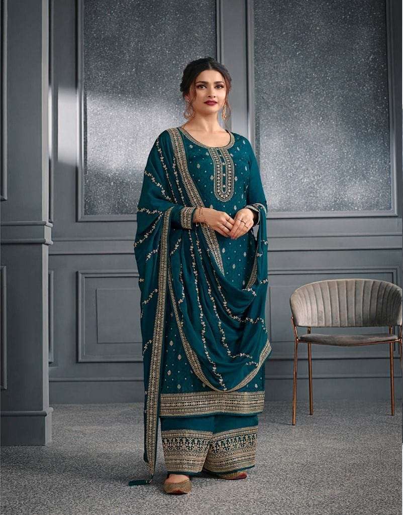 DESIGNER FANCY WEDDING PARTY WEAR DOLA SILK BLUE PALLAZO SHARARA SALWAR SUIT RH SOHA 64051