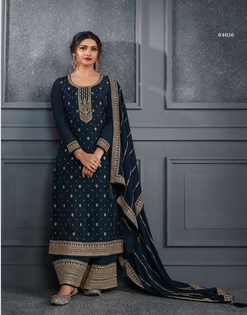 DESIGNER FANCY WEDDING PARTY WEAR DOLA SILK BLUE PALLAZO SHARARA SALWAR SUIT RH SOHA 64056