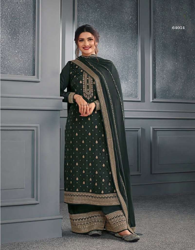 DESIGNER FANCY WEDDING PARTY WEAR DOLA SILK DARK GREEN PALLAZO SHARARA SALWAR SUIT RH SOHA 64054