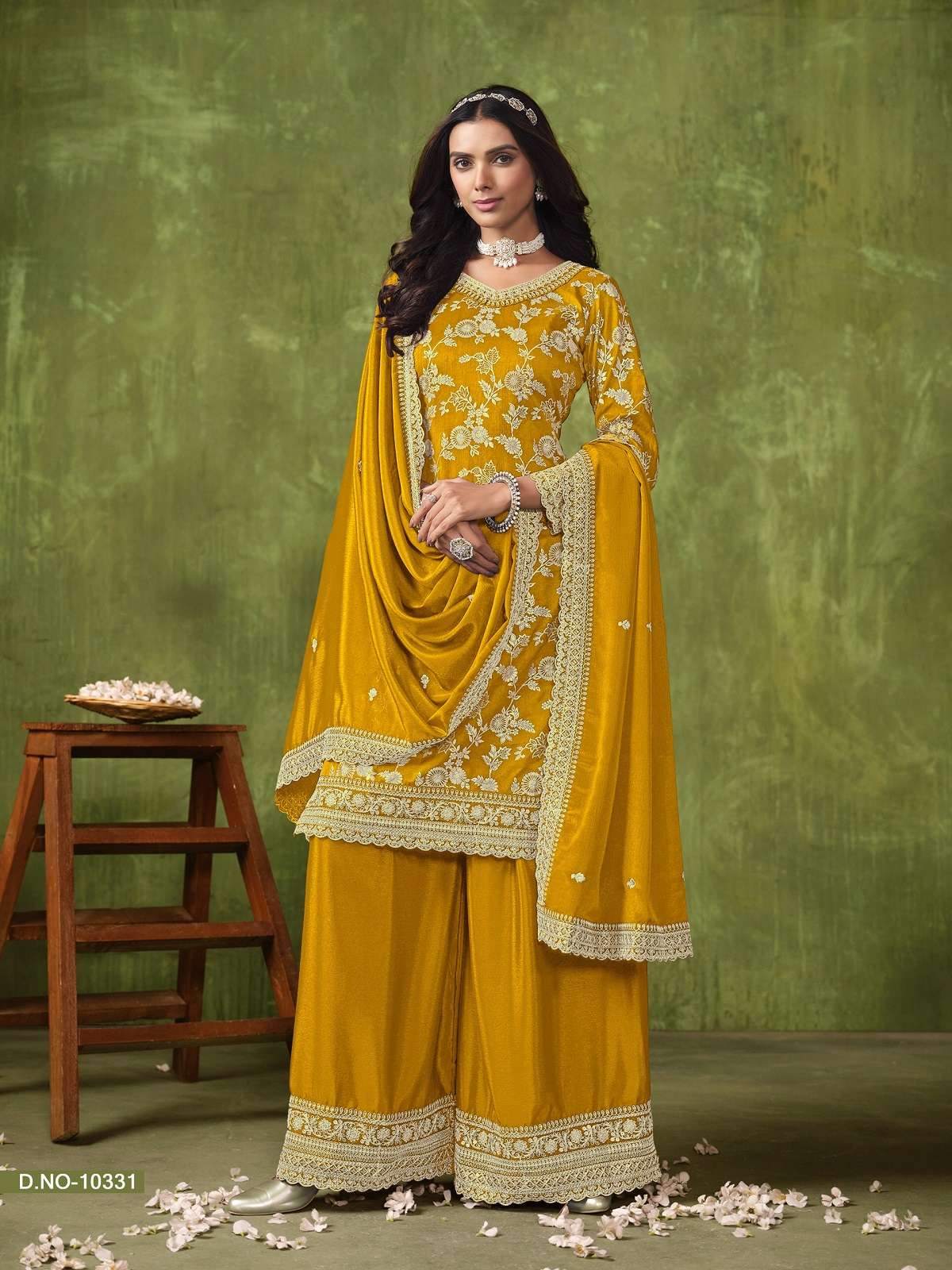 DESIGNER FANCY WEDDING PARTY WEAR DOLA SILK JACQUARD YELLOW PALLAZO SHARARA SALWAR SUIT ANJB 10331