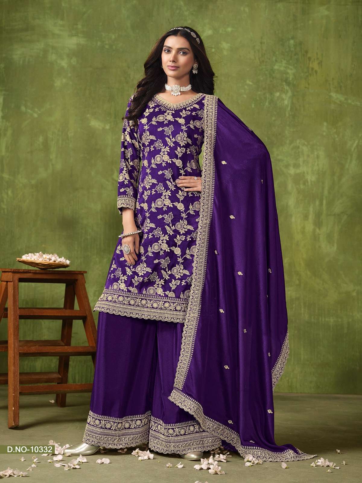 DESIGNER FANCY WEDDING PARTY WEAR DOLA SILK JACQUARD PURPLE PALLAZO SHARARA SALWAR SUIT ANJB 10332