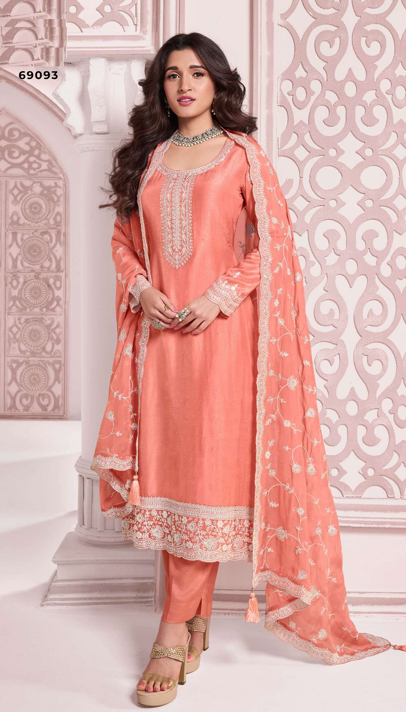 DESIGNER FANCY WEDDING PARTY WEAR DOLA SILK ORANGE PALLAZO SHARARA SALWAR SUIT NVN KAVYA 69093