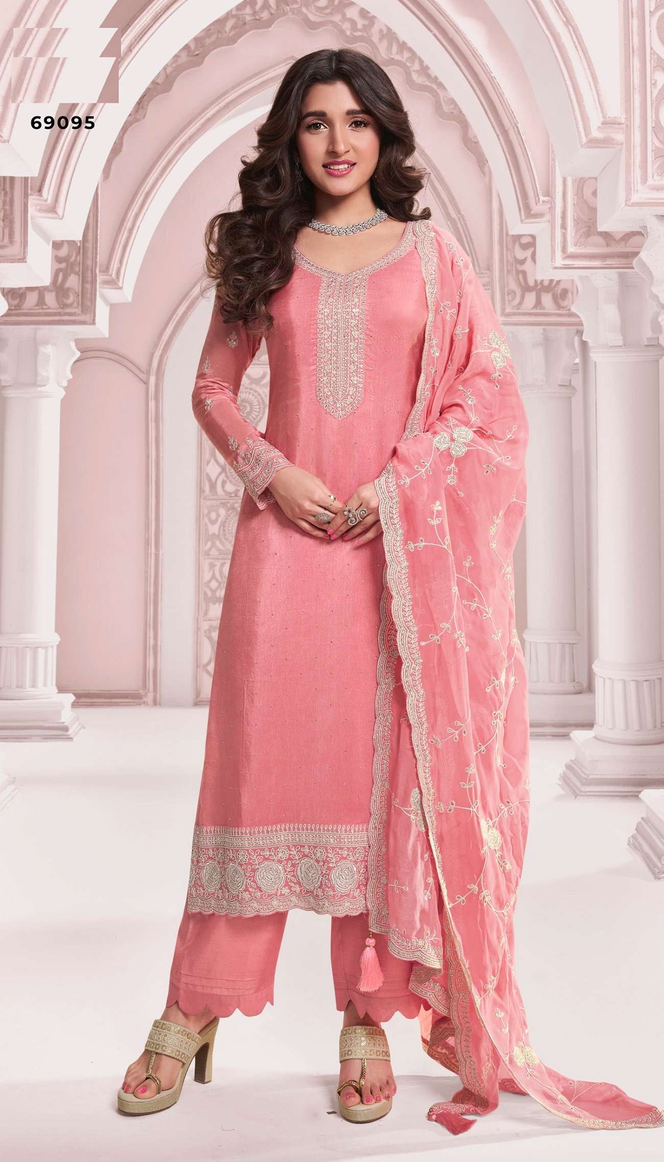 DESIGNER FANCY WEDDING PARTY WEAR DOLA SILK PEACH PALLAZO SHARARA SALWAR SUIT NVN KAVYA 69095