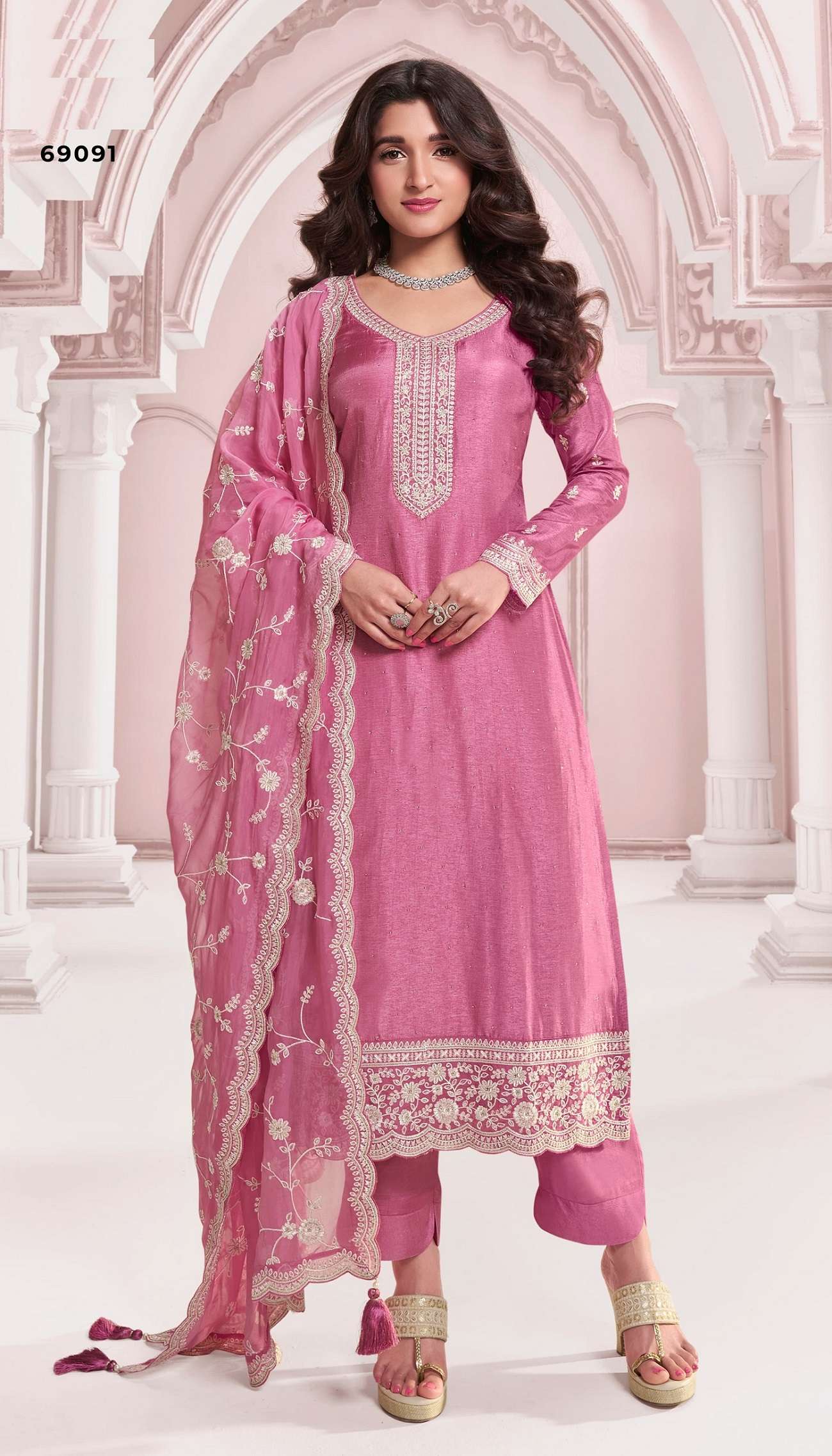 DESIGNER FANCY WEDDING PARTY WEAR DOLA SILK PINK PALLAZO SHARARA SALWAR SUIT NVN KAVYA 69091