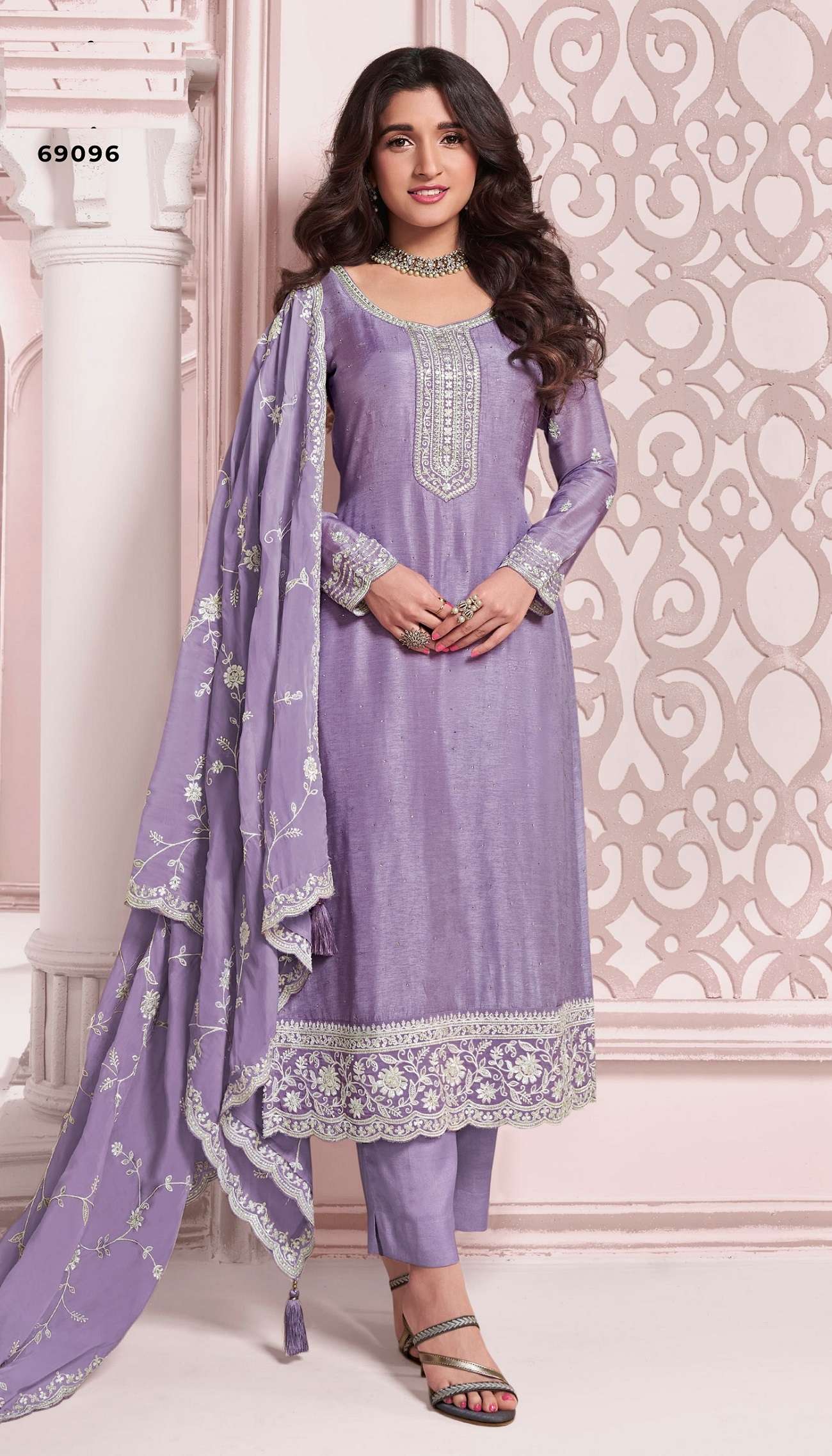 DESIGNER FANCY WEDDING PARTY WEAR DOLA SILK PURPLE PALLAZO SHARARA SALWAR SUIT NVN KAVYA 69096