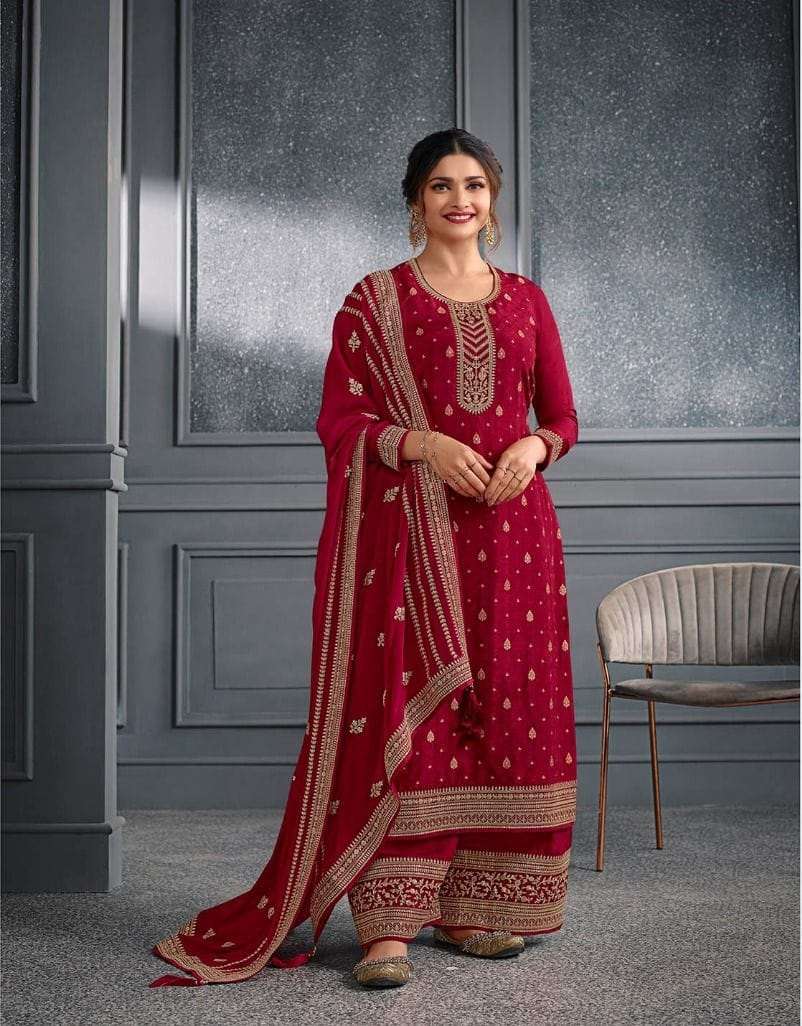 DESIGNER FANCY WEDDING PARTY WEAR DOLA SILK RED PALLAZO SHARARA SALWAR SUIT RH SOHA 64057