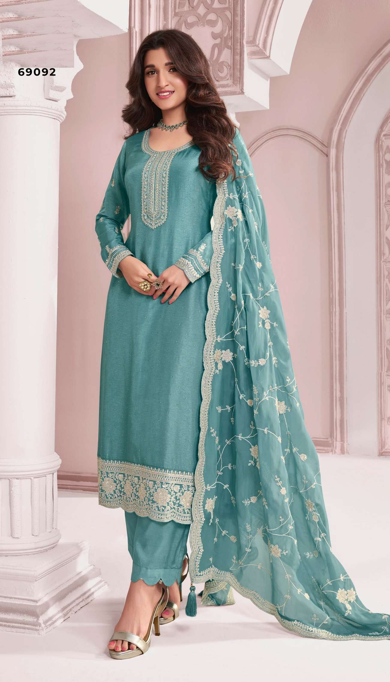 DESIGNER FANCY WEDDING PARTY WEAR DOLA SILK SKY BLUE PALLAZO SHARARA SALWAR SUIT NVN KAVYA 69092