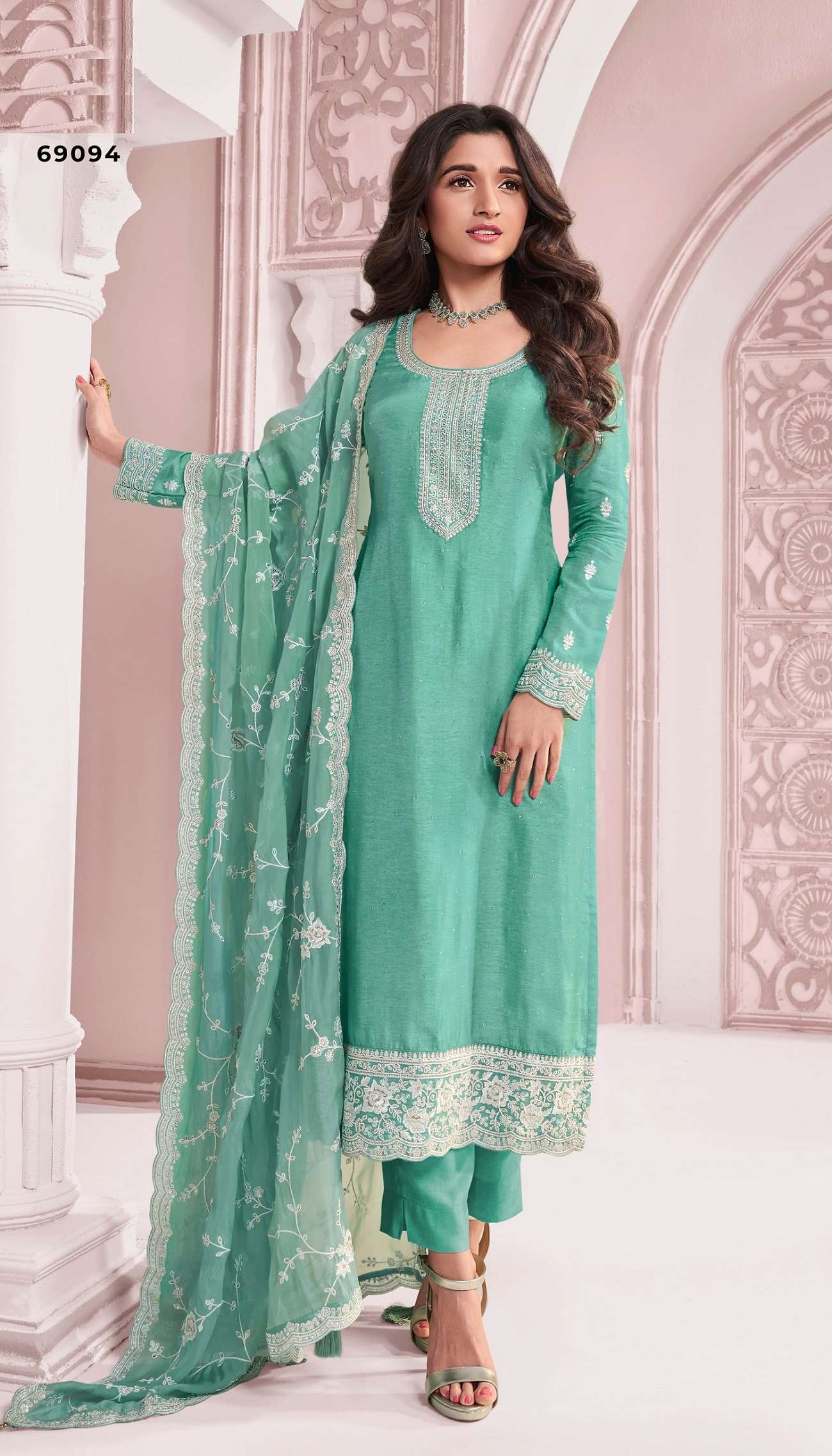 DESIGNER FANCY WEDDING PARTY WEAR DOLA SILK TEAL GREEN PALLAZO SHARARA SALWAR SUIT NVN KAVYA 69094